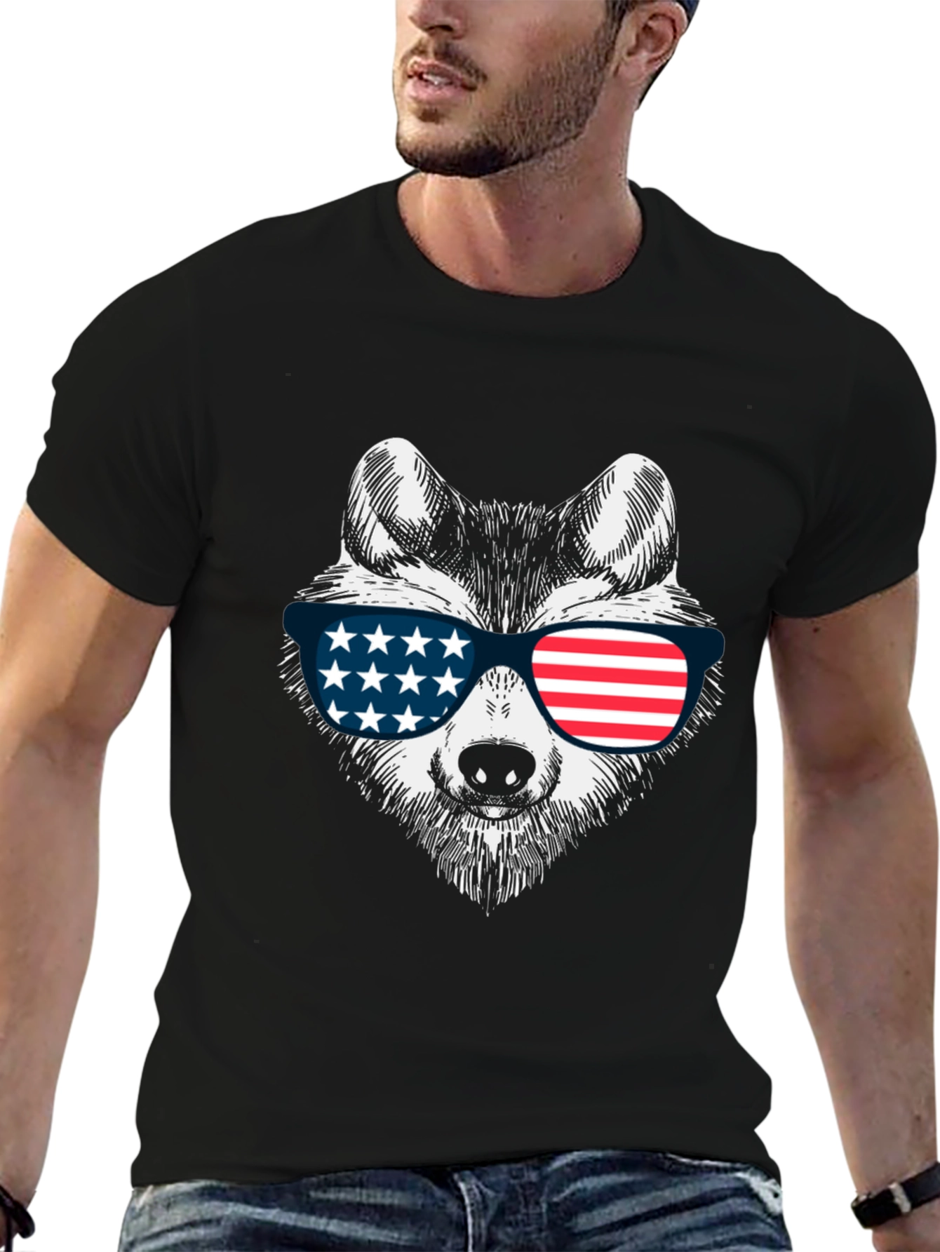 Patriotic Wolf Graphic Tee - USA Flag Sunglasses