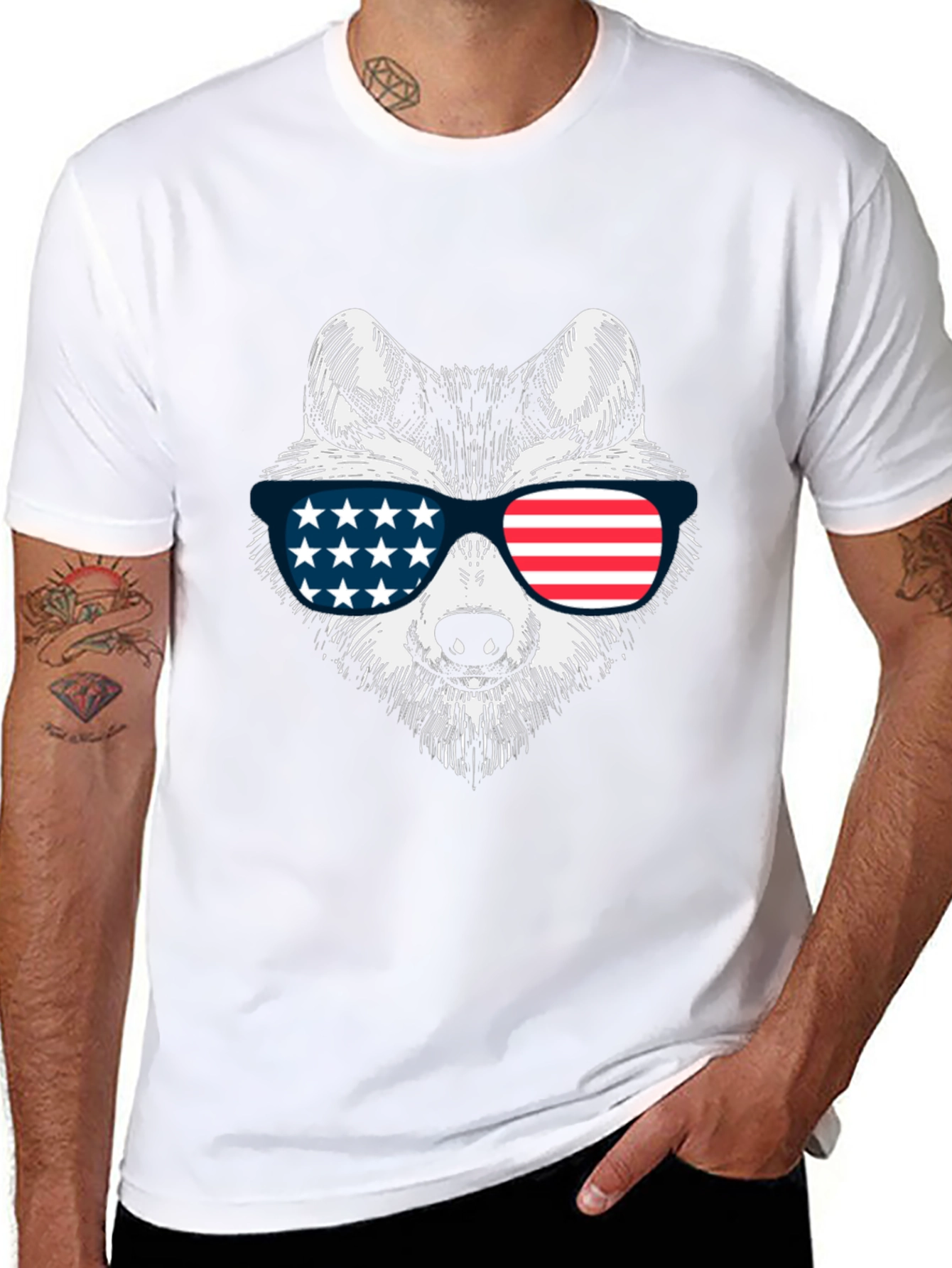 Patriotic Wolf Graphic Tee - USA Flag Sunglasses