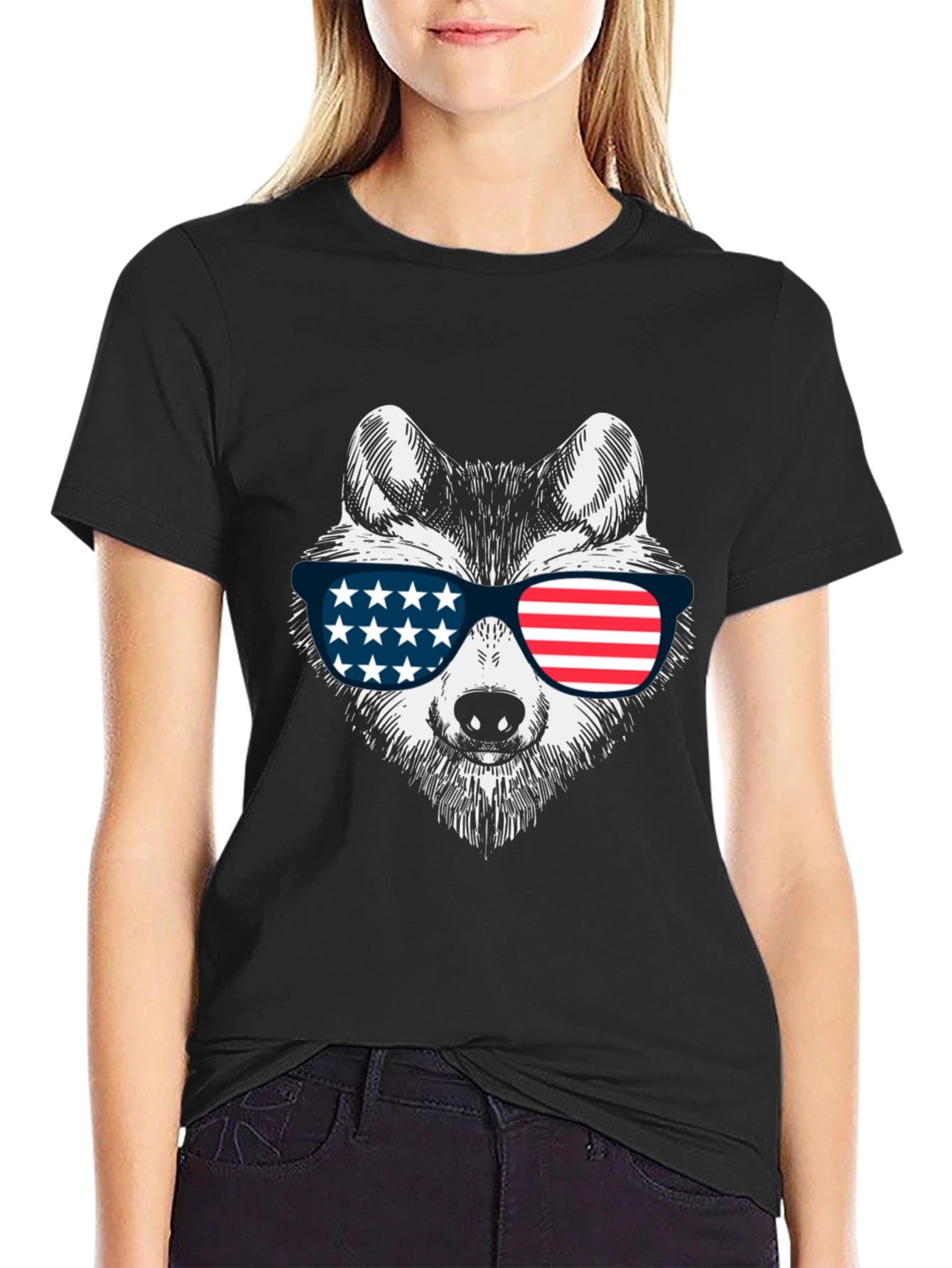 Patriotic Wolf Graphic Tee - USA Flag Sunglasses