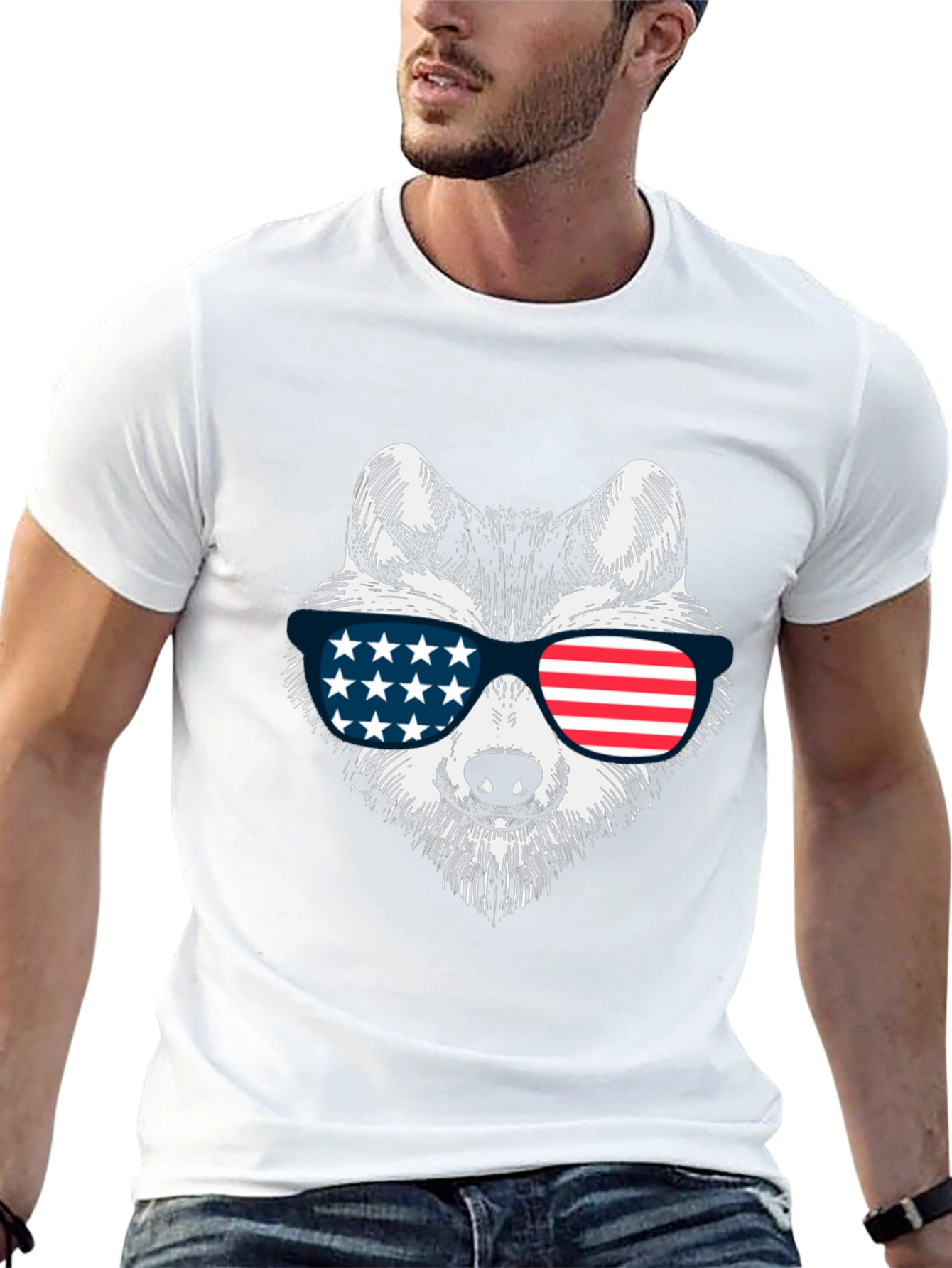 Patriotic Wolf Graphic Tee - USA Flag Sunglasses