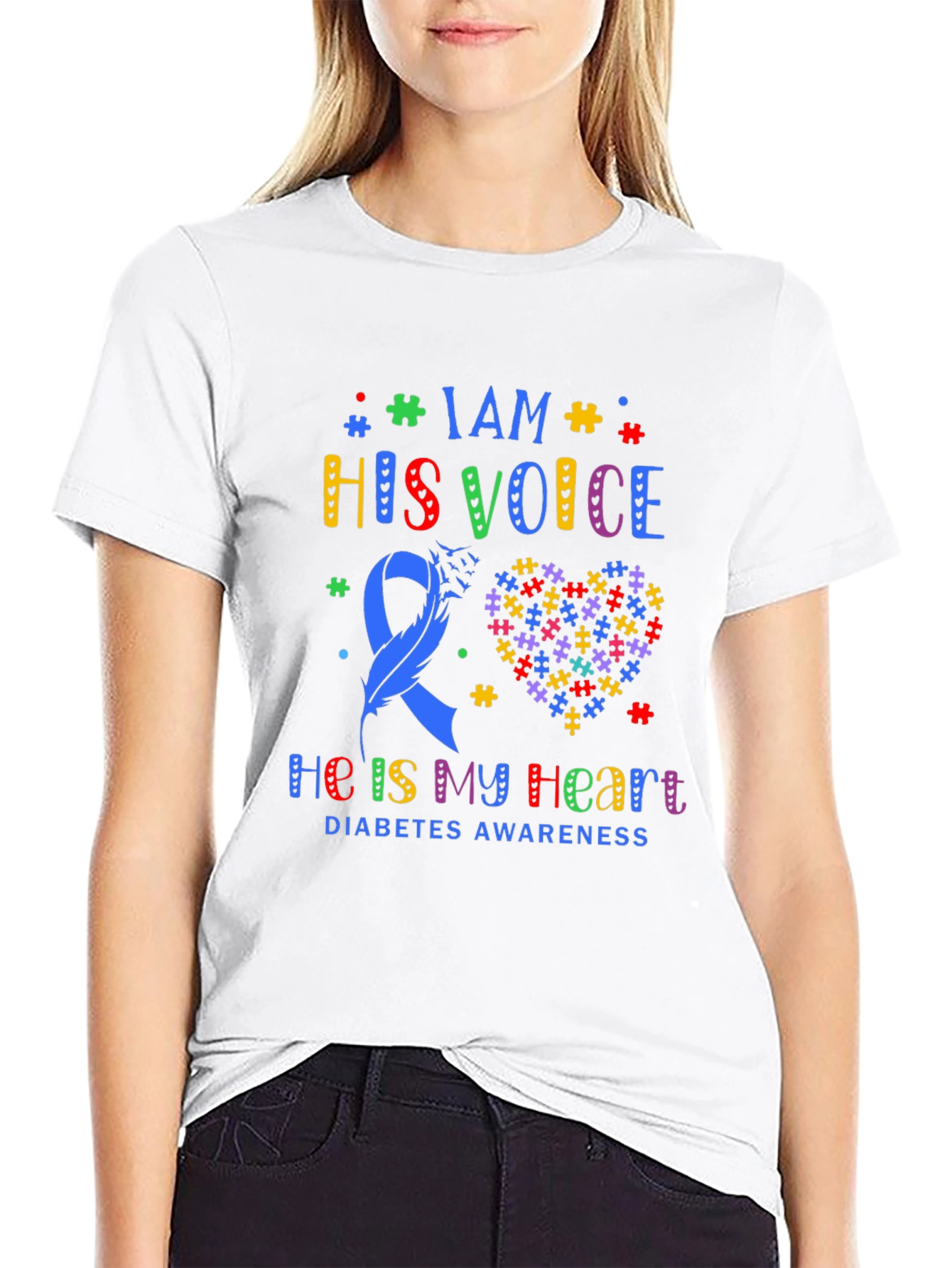 Diabetes Awareness T-Shirt - Puzzle Heart & Ribbon