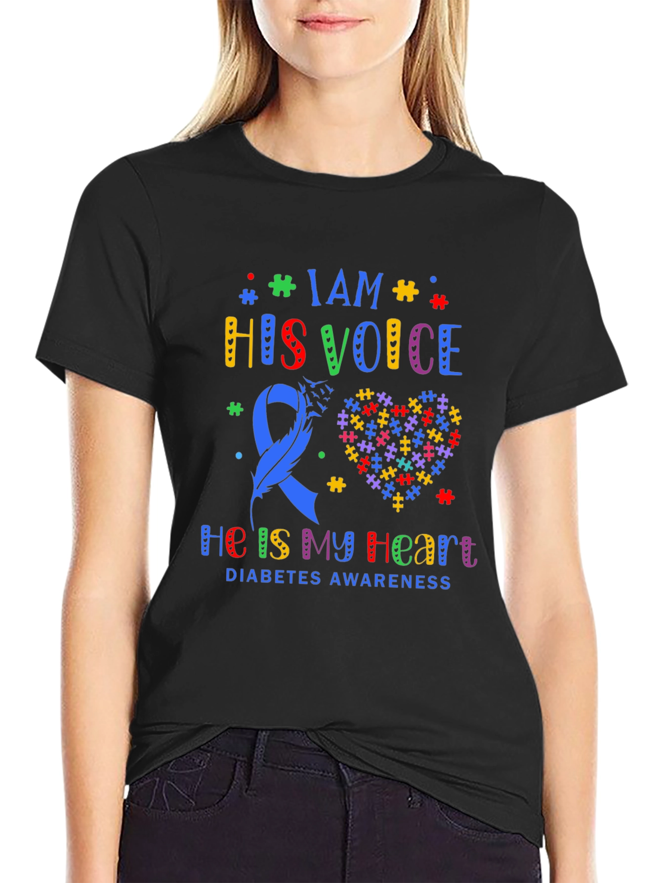 Diabetes Awareness T-Shirt - Puzzle Heart & Ribbon