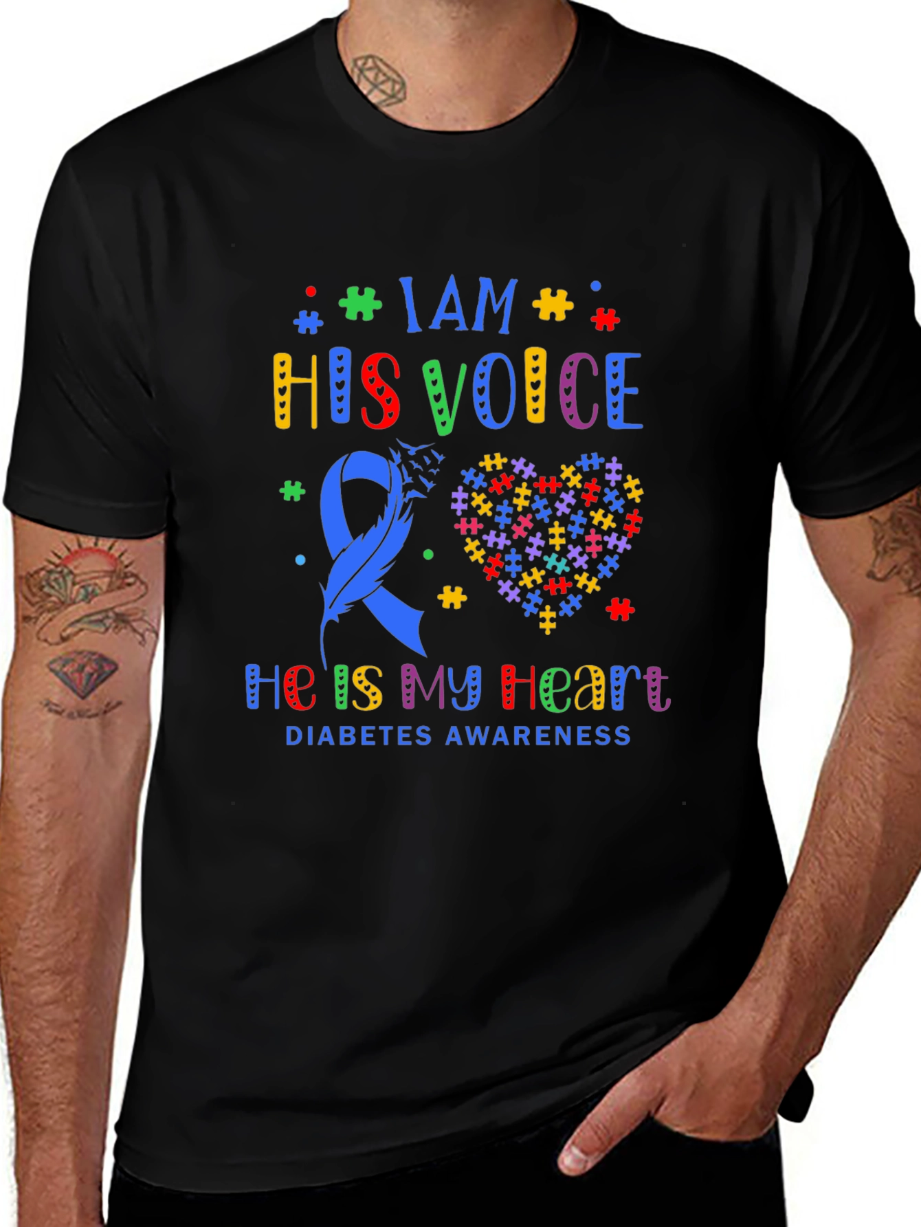 Diabetes Awareness T-Shirt - Puzzle Heart & Ribbon
