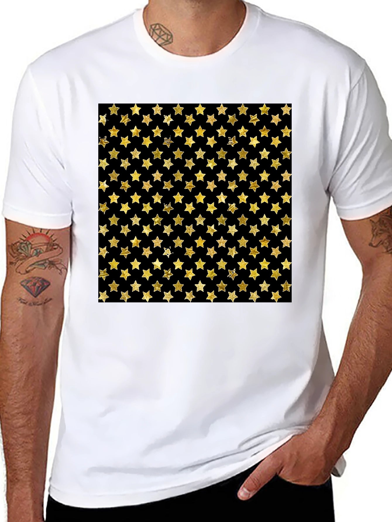 Gold Star Pattern Black T-Shirt