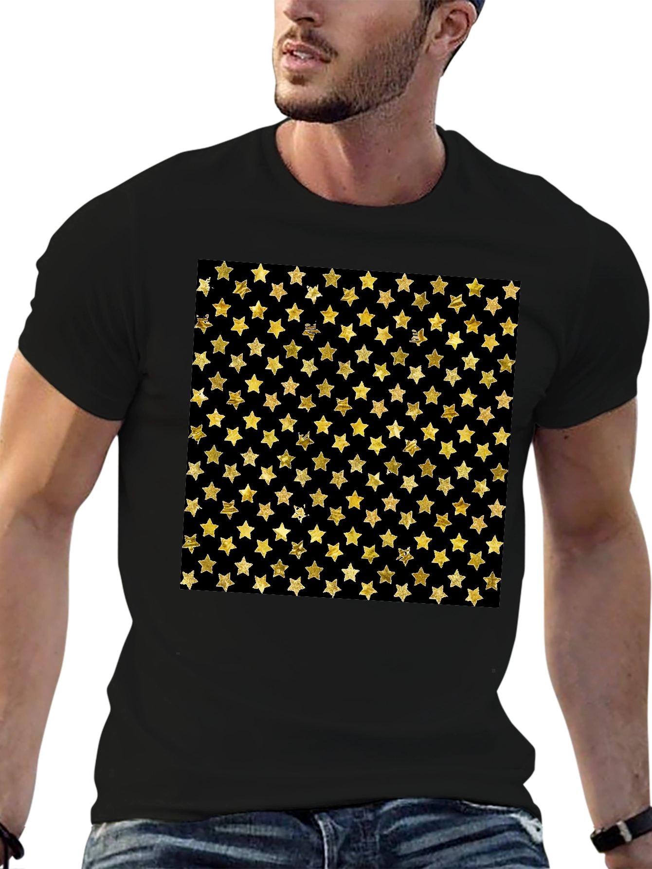 Gold Star Pattern Black T-Shirt