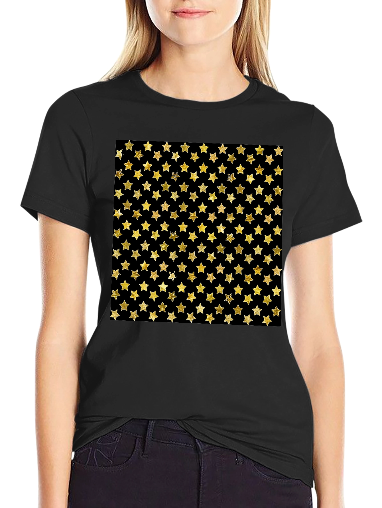 Gold Star Pattern Black T-Shirt