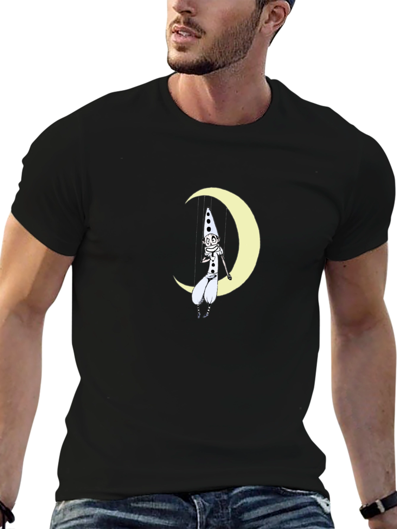 Whimsical Moon Clown Black Graphic Tee