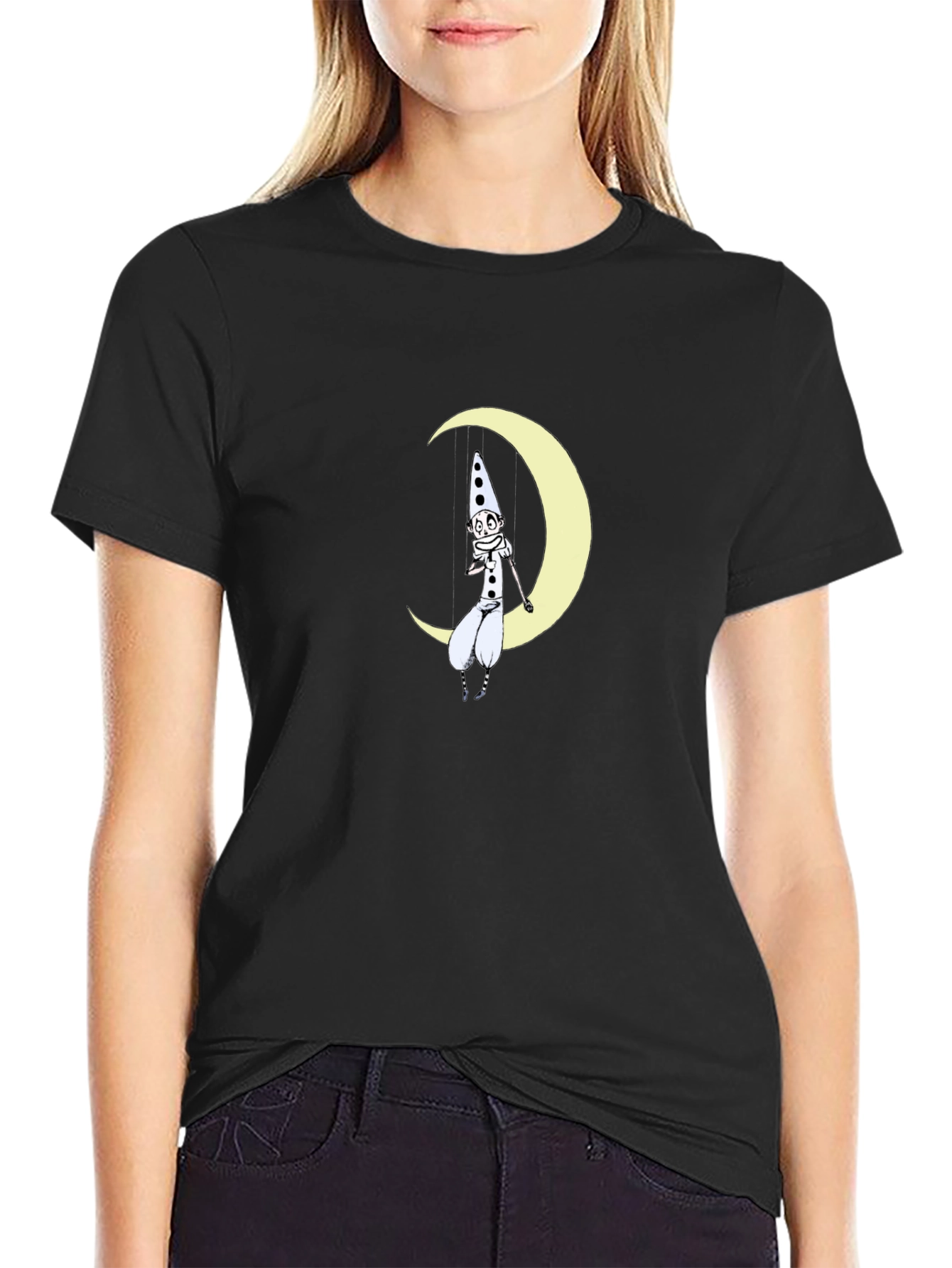 Whimsical Moon Clown Black Graphic Tee