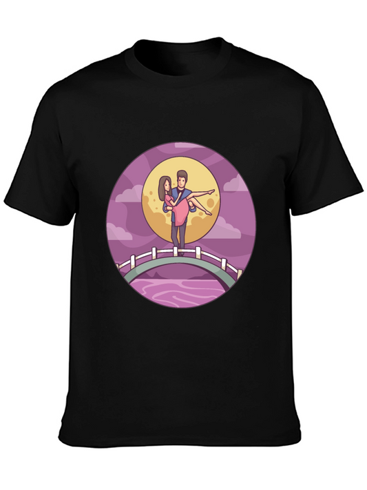 Romantic Couple Moonlit Bridge Black Tee