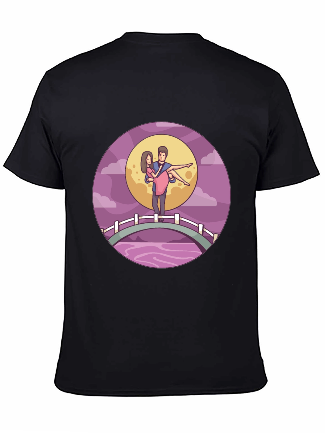 Romantic Couple Moonlit Bridge Black Tee