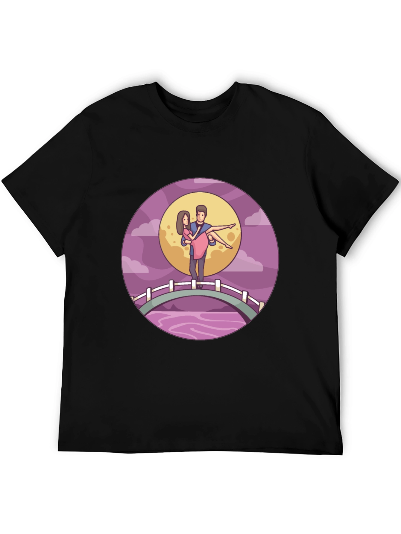Romantic Couple Moonlit Bridge Black Tee