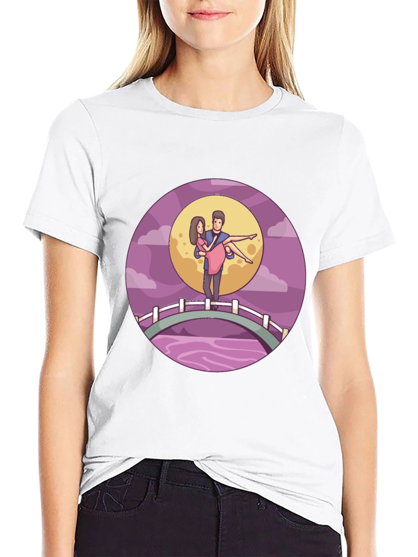 Romantic Couple Moonlit Bridge Black Tee