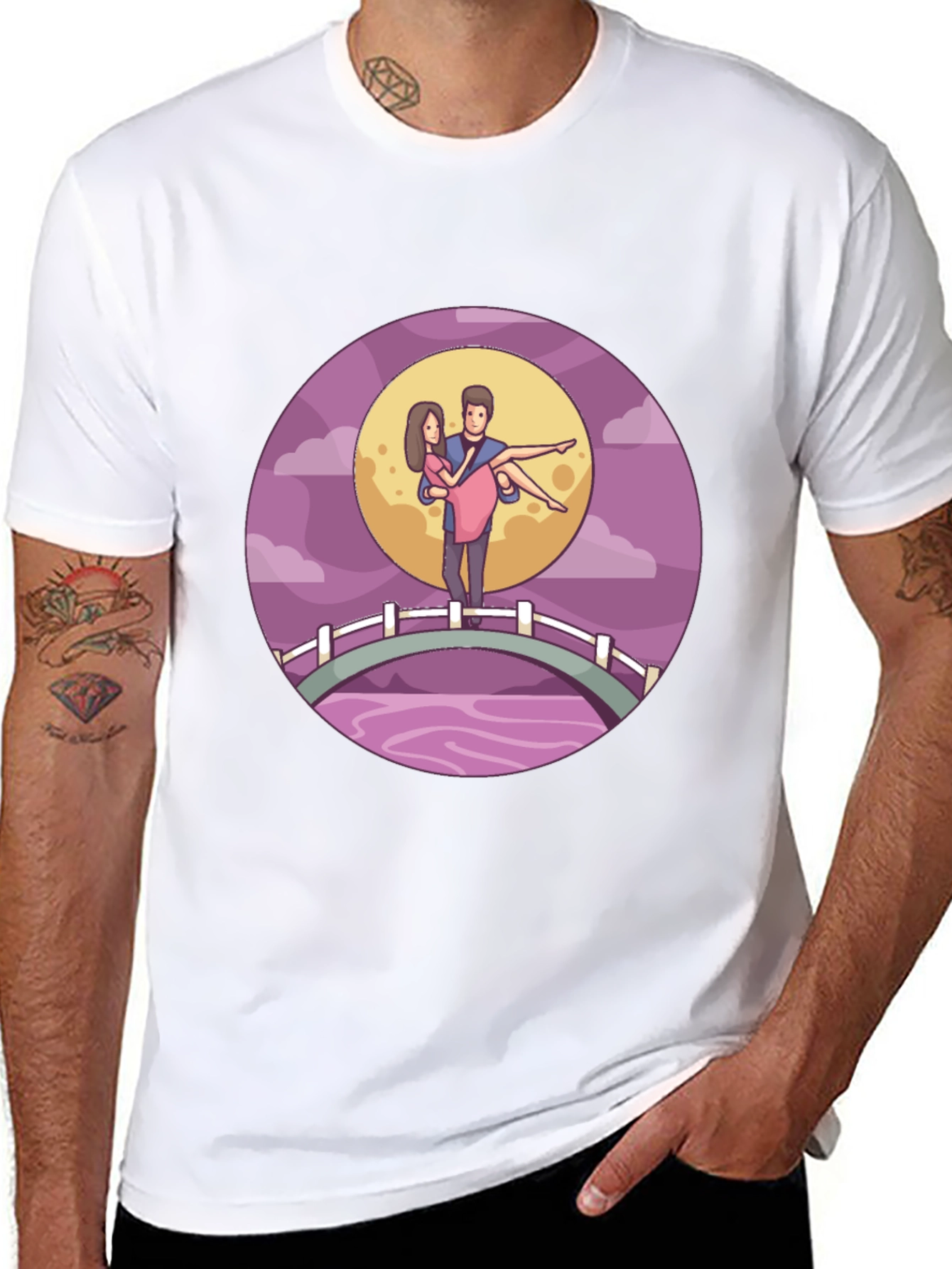 Romantic Couple Moonlit Bridge Black Tee