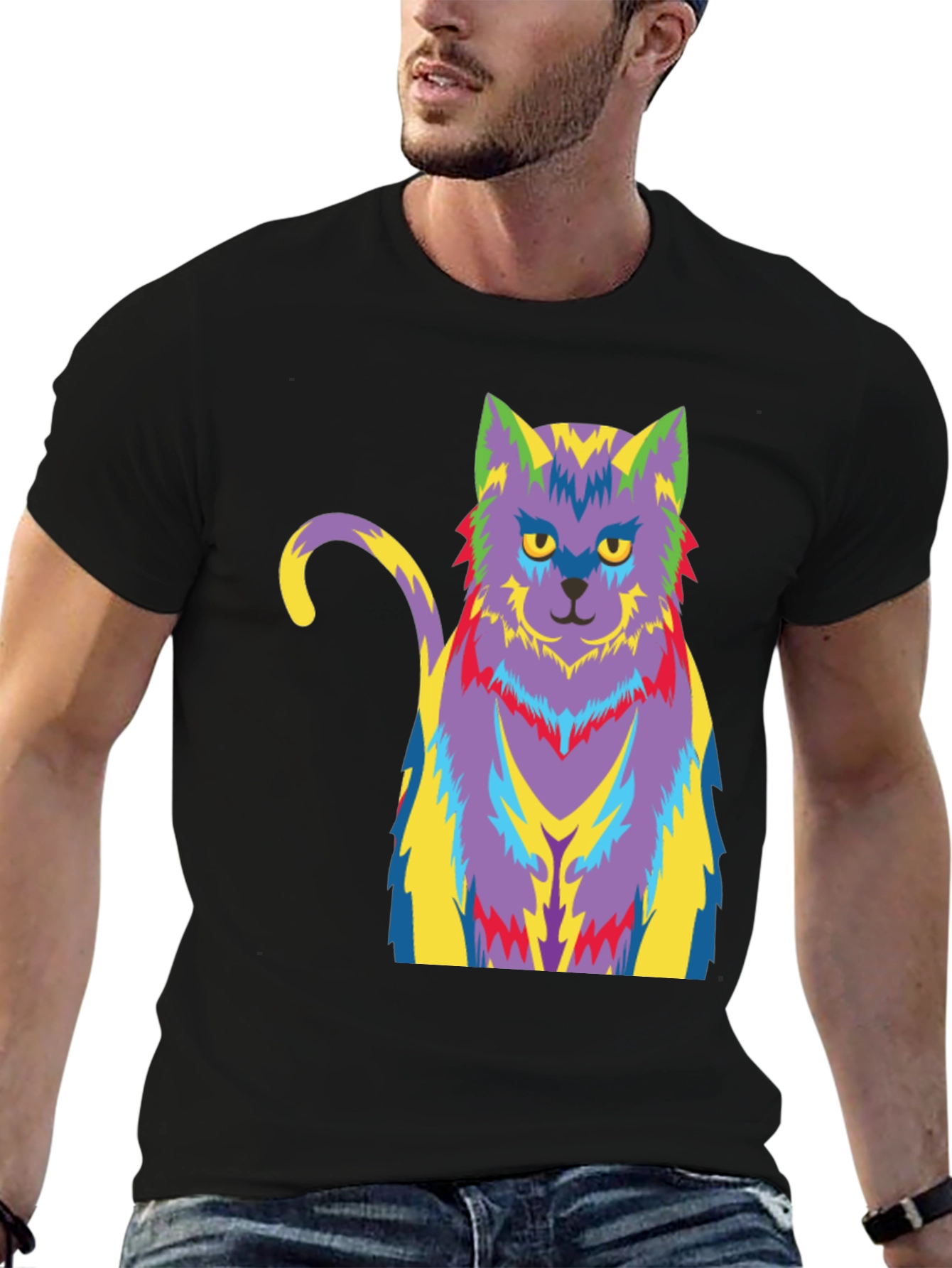 Psychedelic Cat Graphic T-Shirt - Black