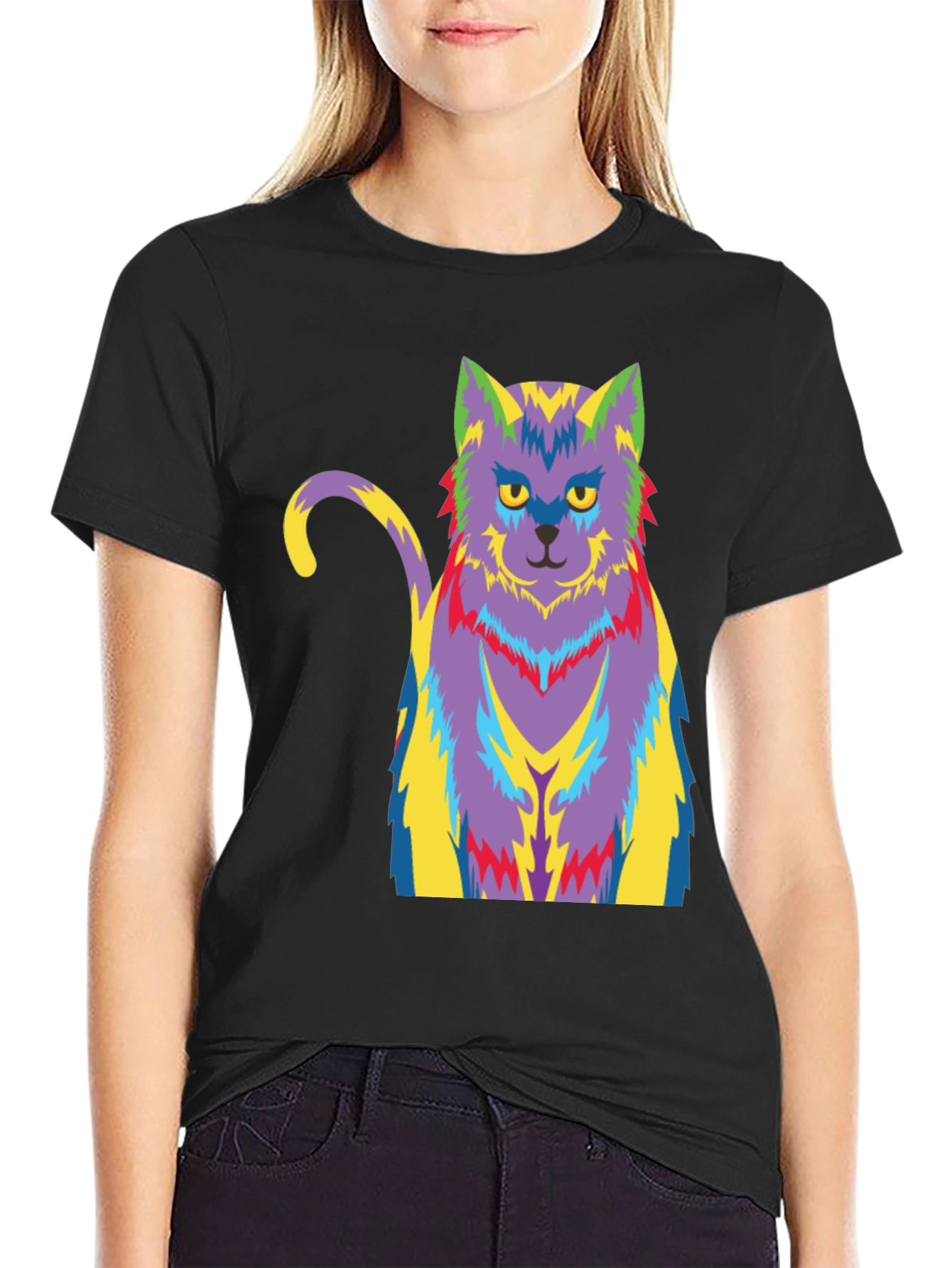 Psychedelic Cat Graphic T-Shirt - Black