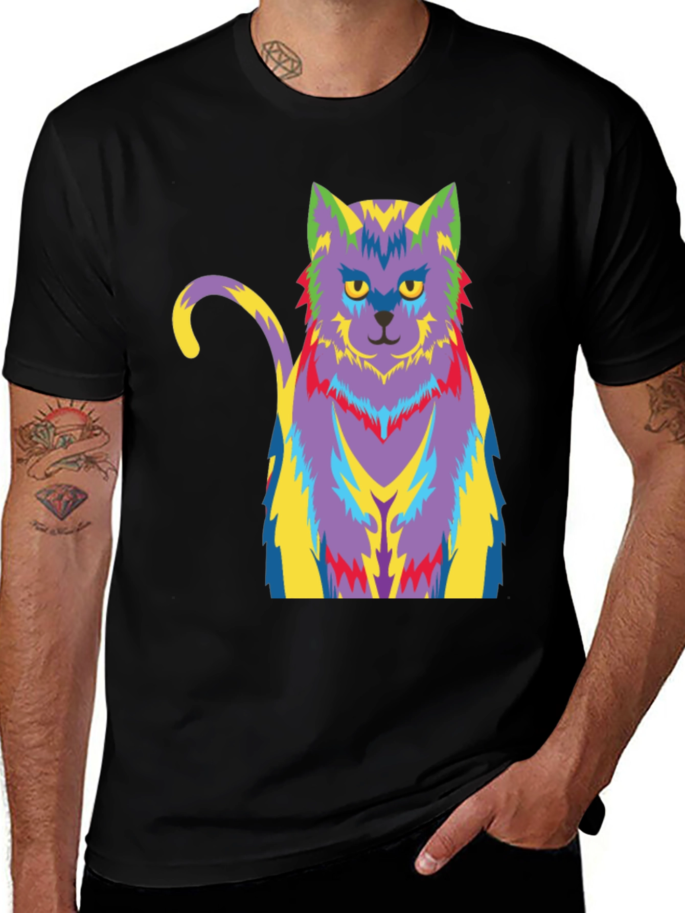 Psychedelic Cat Graphic T-Shirt - Black