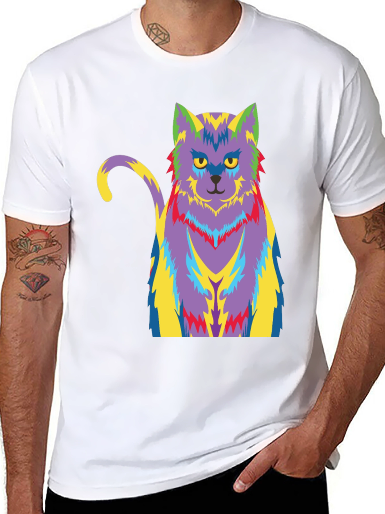 Psychedelic Cat Graphic T-Shirt - Black