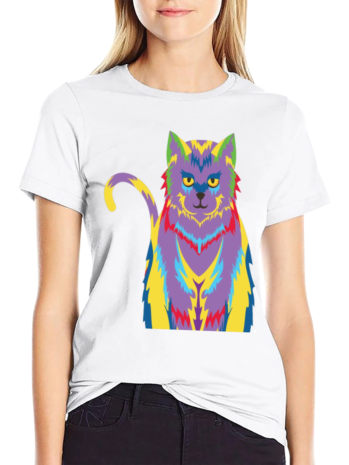 Psychedelic Cat Graphic T-Shirt - Black