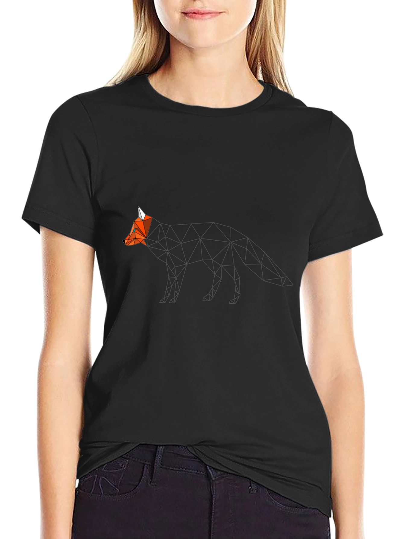 Geometric Fox Graphic Print Black T-Shirt