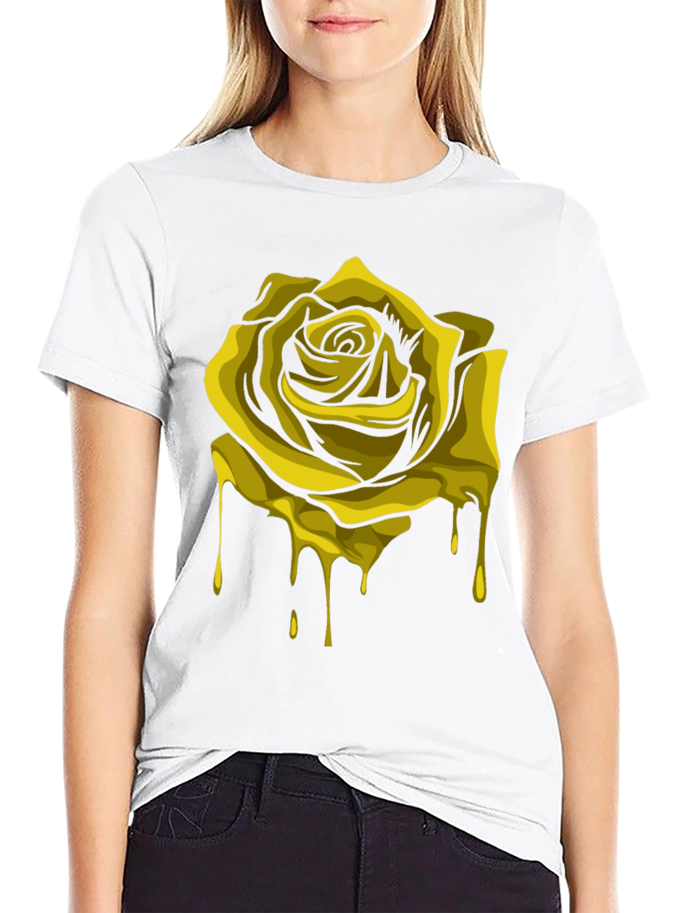 Melting Gold Rose Graphic Tee - Black