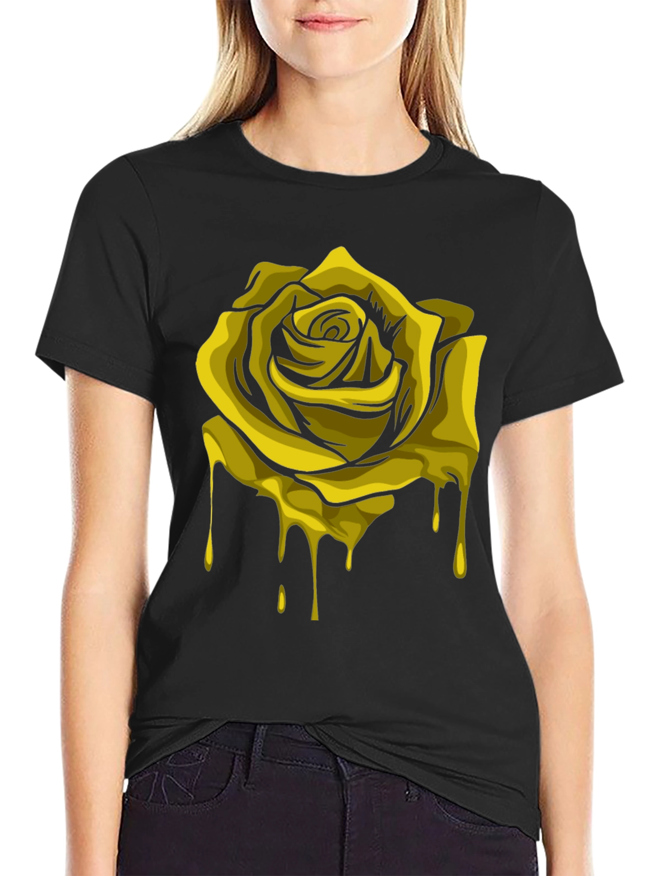 Melting Gold Rose Graphic Tee - Black