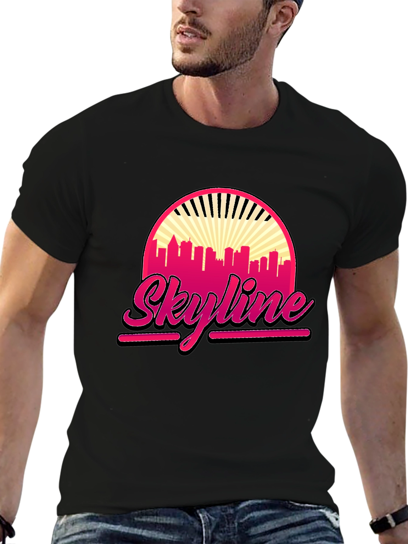Retro Skyline Graphic Tee - Black Cotton T-Shirt