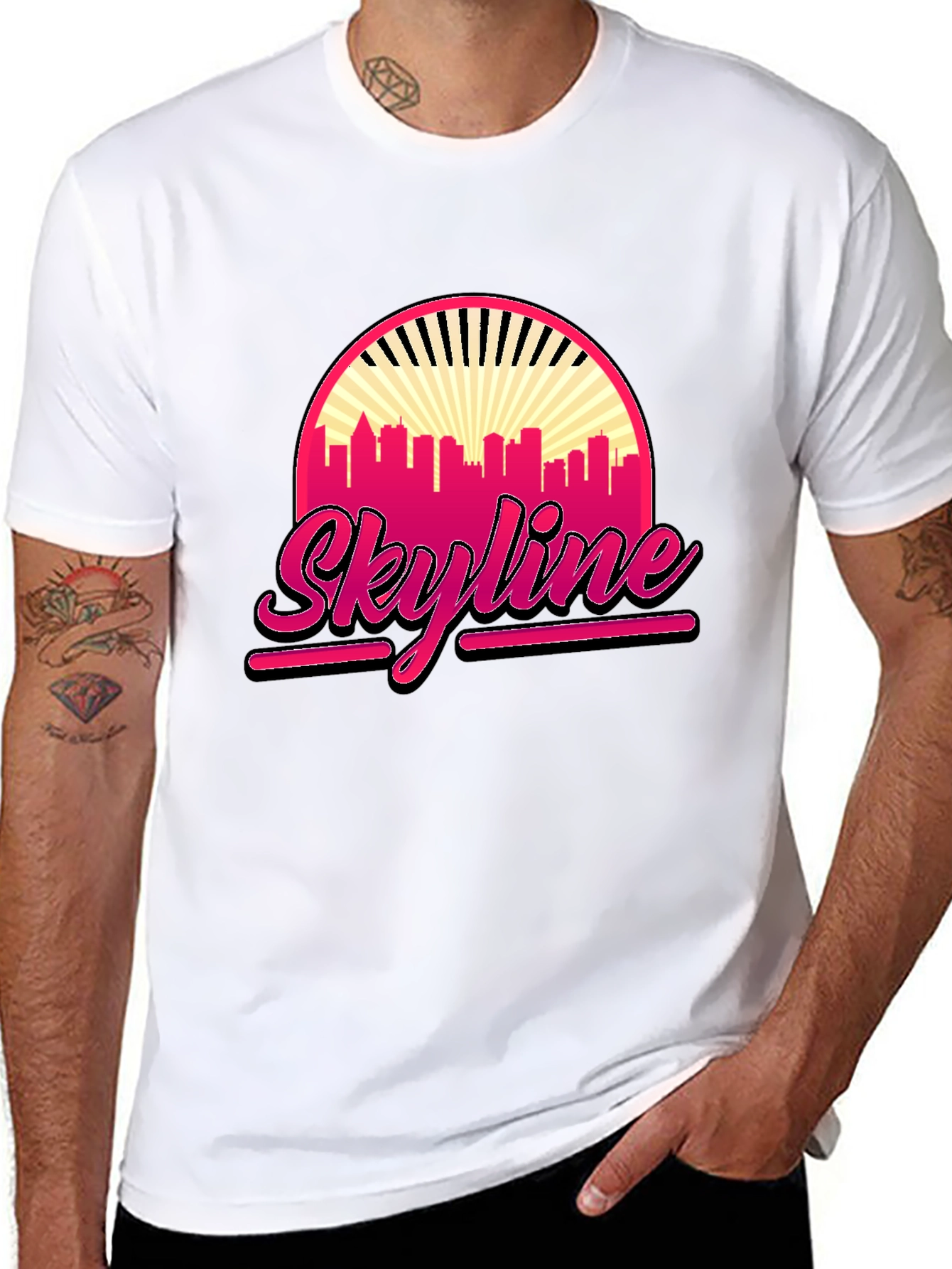 Retro Skyline Graphic Tee - Black Cotton T-Shirt