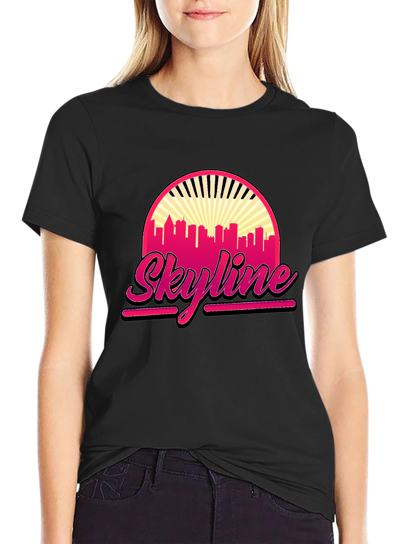 Retro Skyline Graphic Tee - Black Cotton T-Shirt