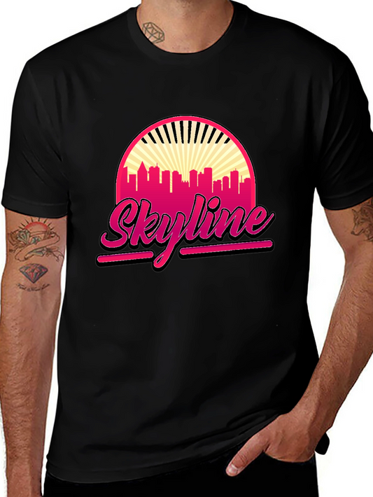 Retro Skyline Graphic Tee - Black Cotton T-Shirt