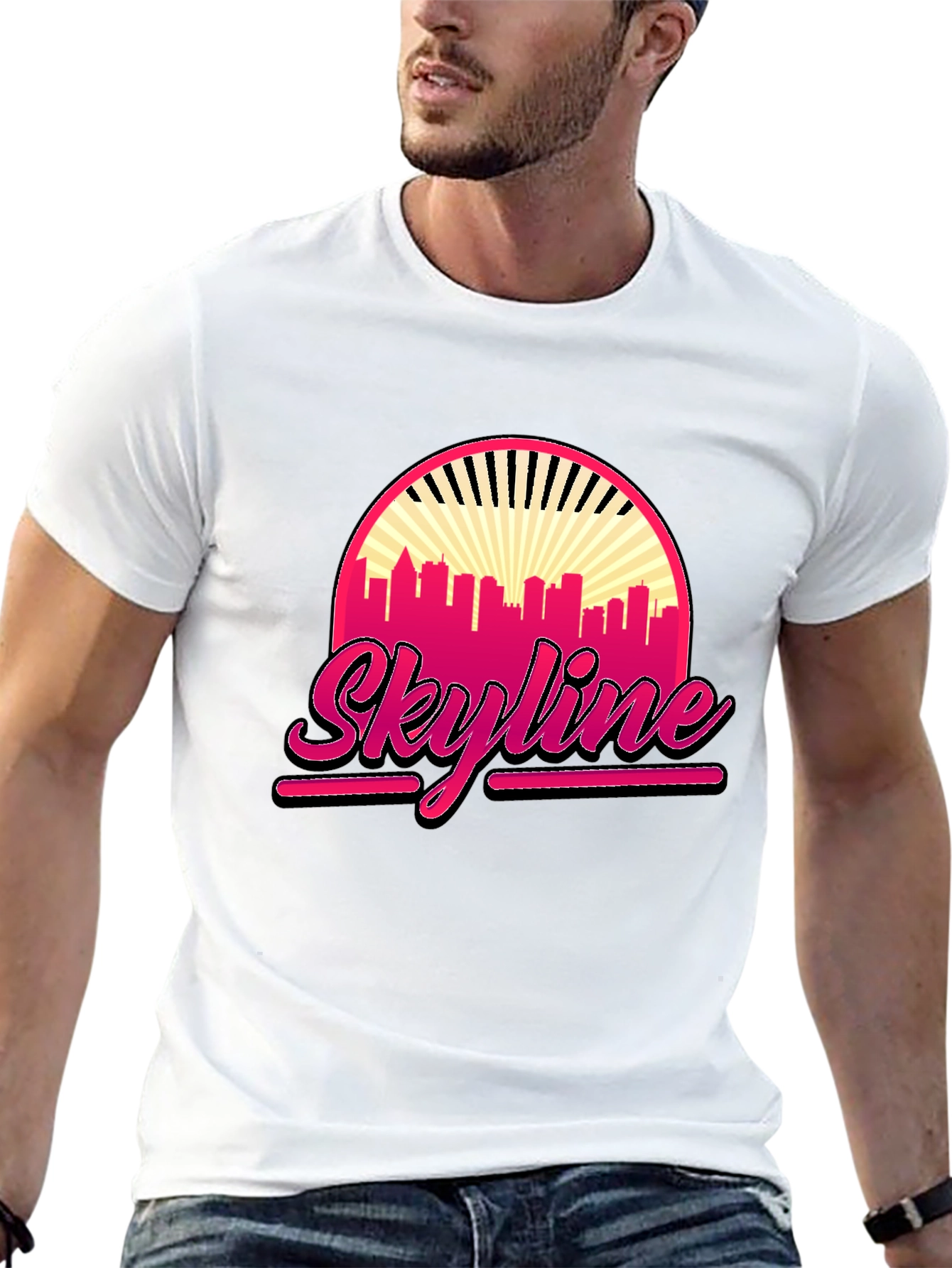 Retro Skyline Graphic Tee - Black Cotton T-Shirt