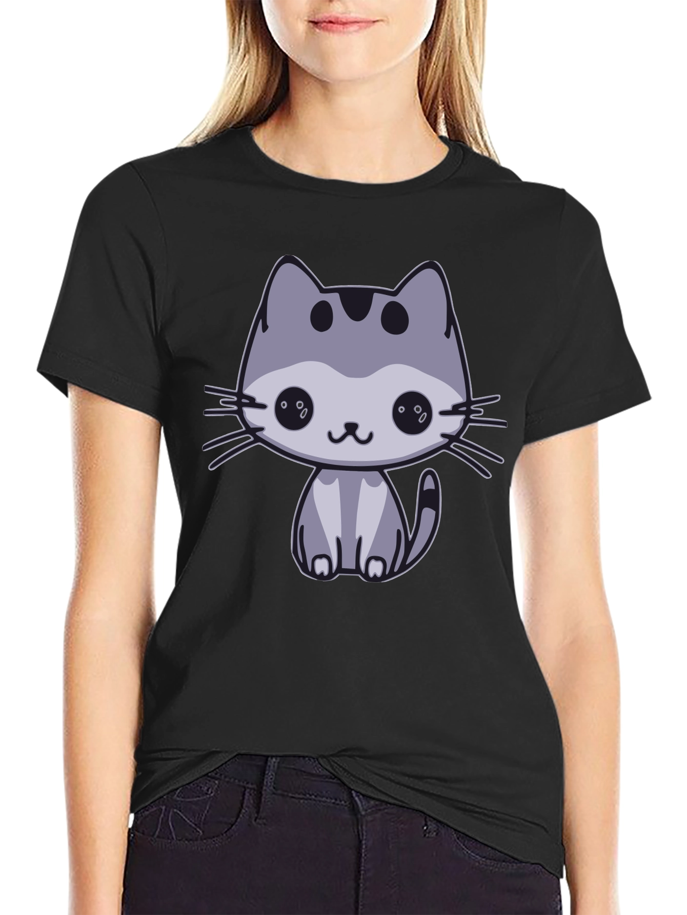 Cute Cat Graphic Black T-Shirt