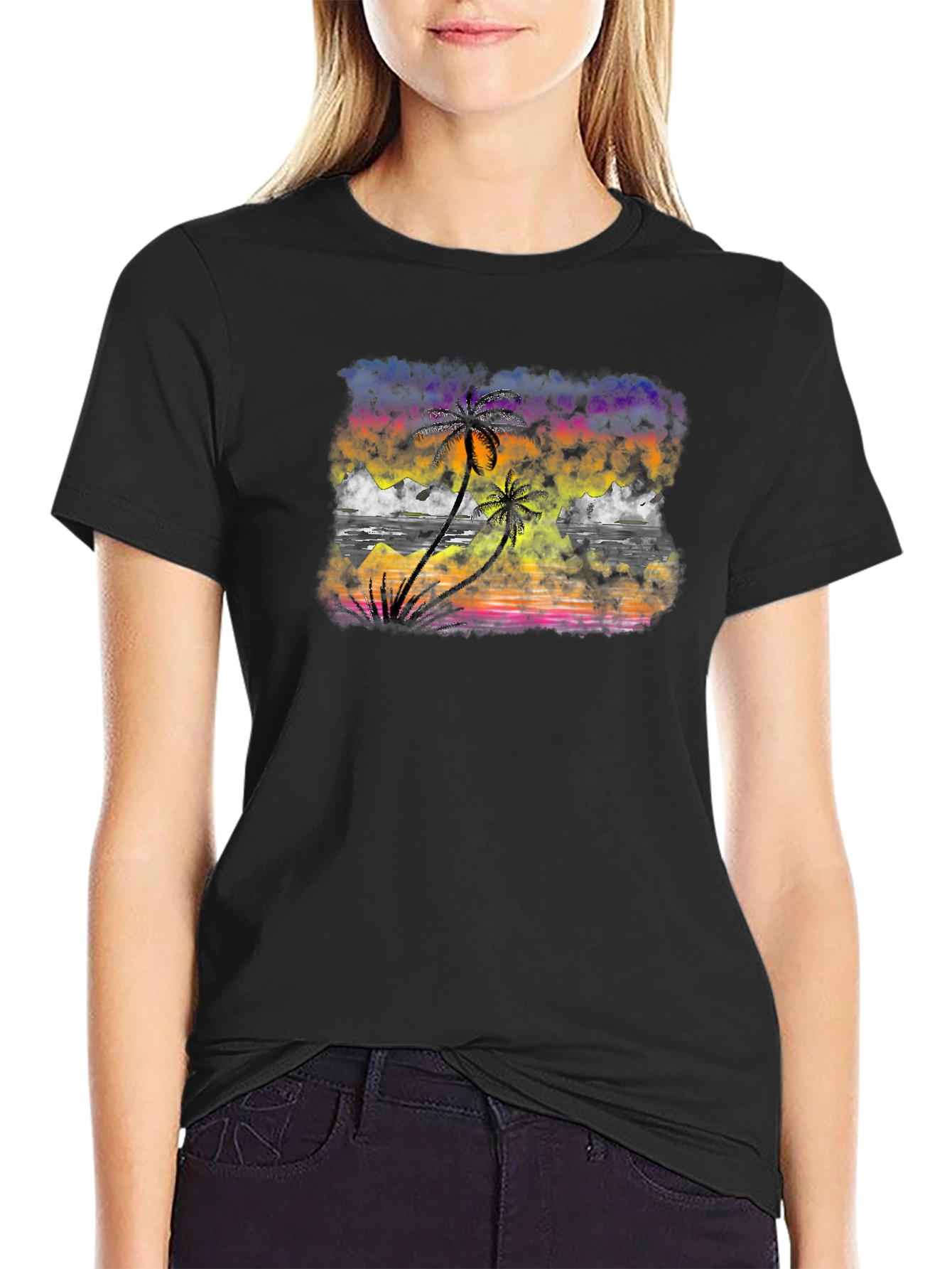Tropical Sunset Palm Tree Graphic T-Shirt