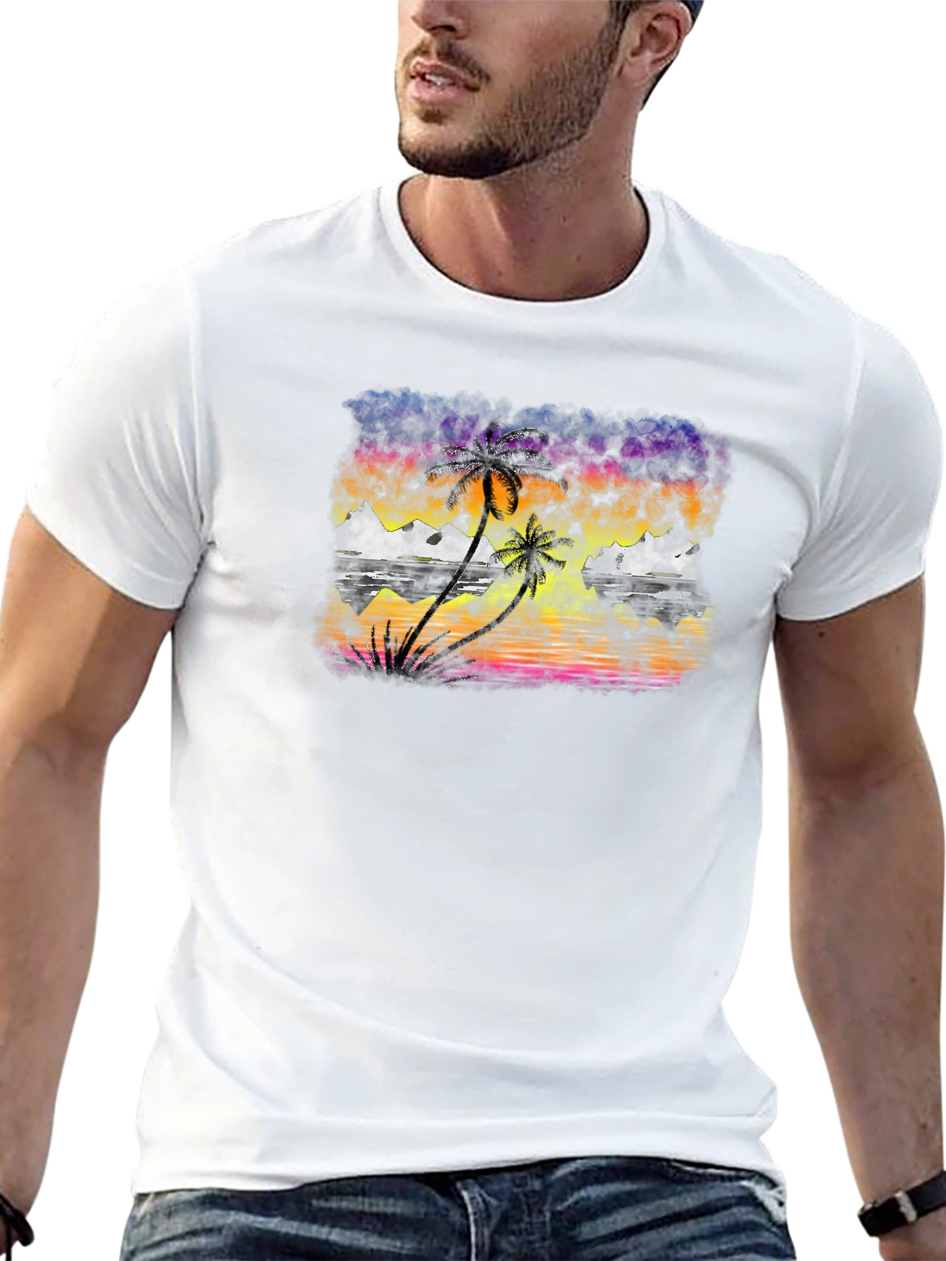 Tropical Sunset Palm Tree Graphic T-Shirt