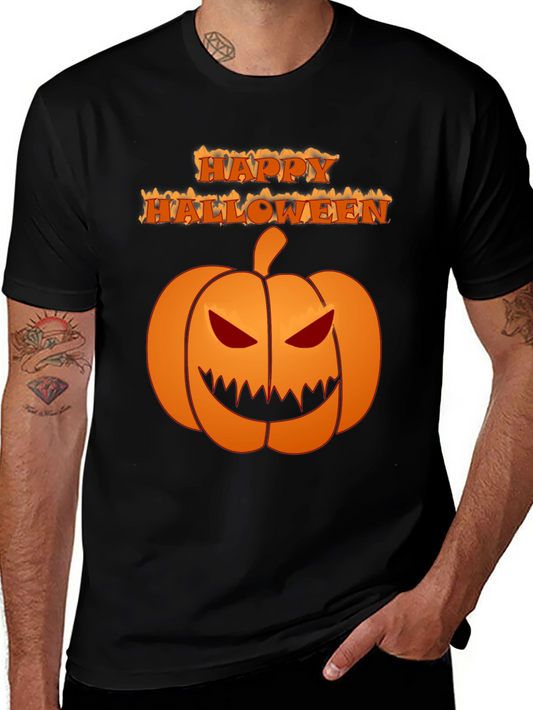 Happy Halloween Pumpkin Graphic Tee - Black Cotton Shirt