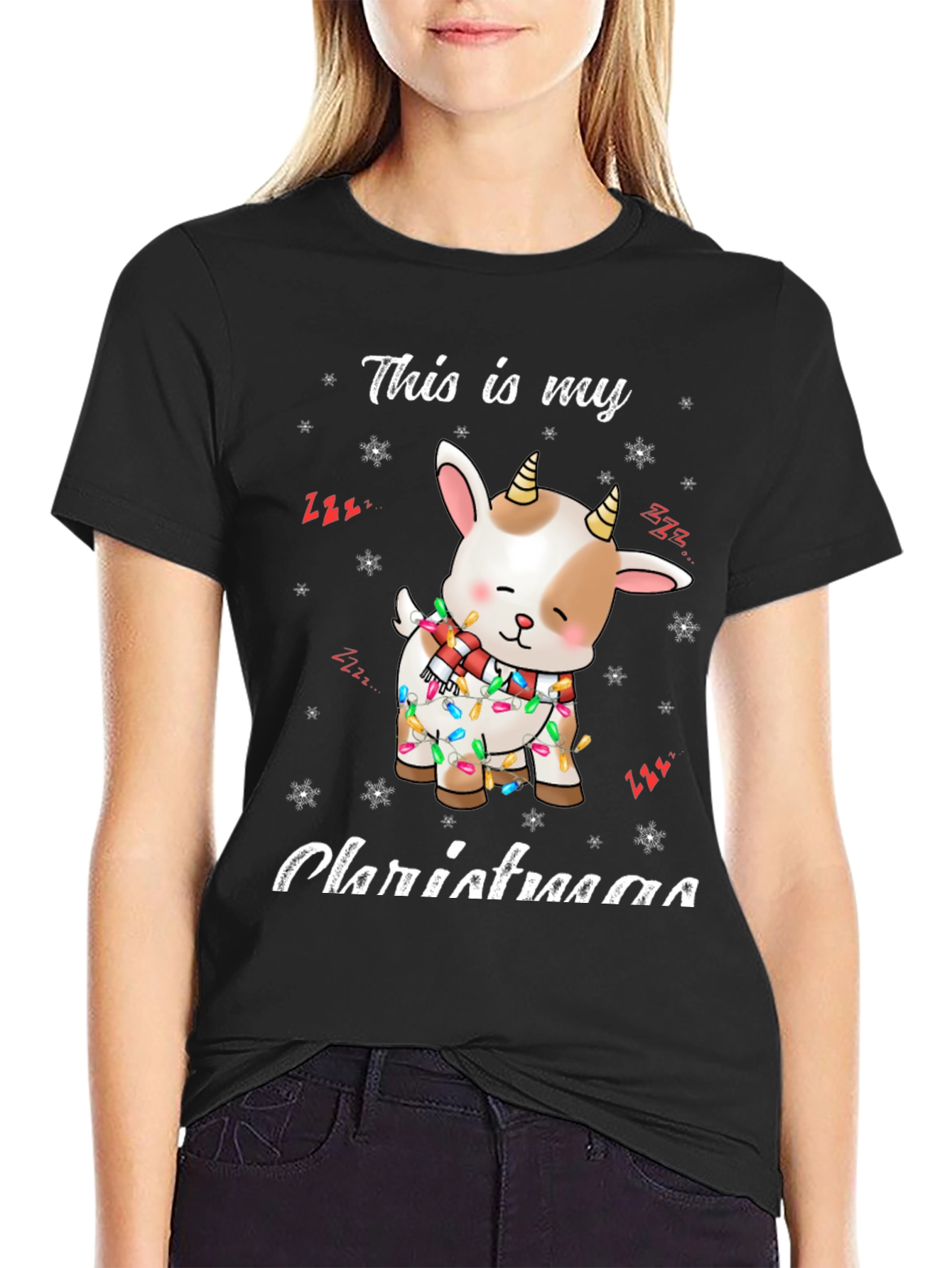 Cute Goat Christmas Lights Graphic T-Shirt