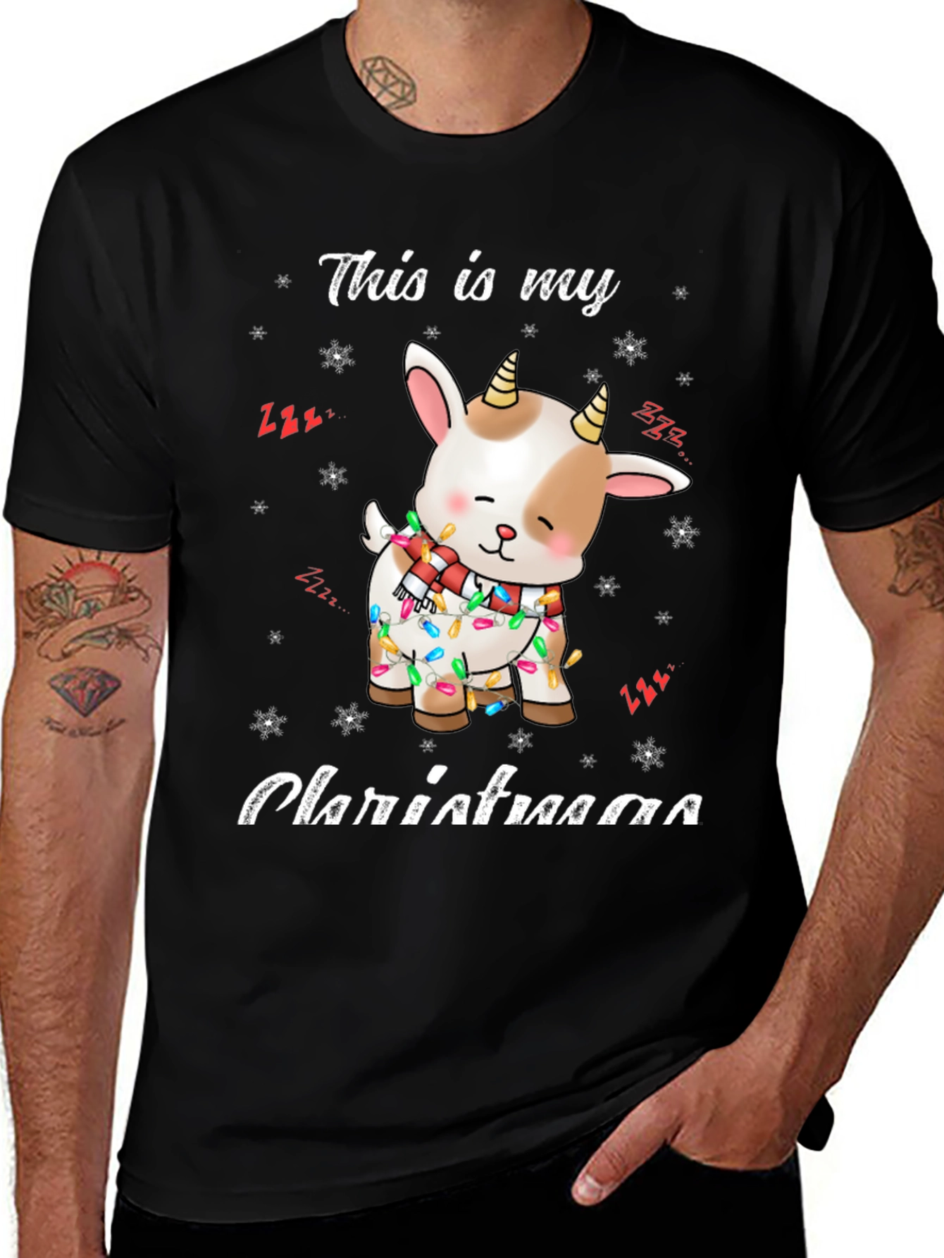 Cute Goat Christmas Lights Graphic T-Shirt