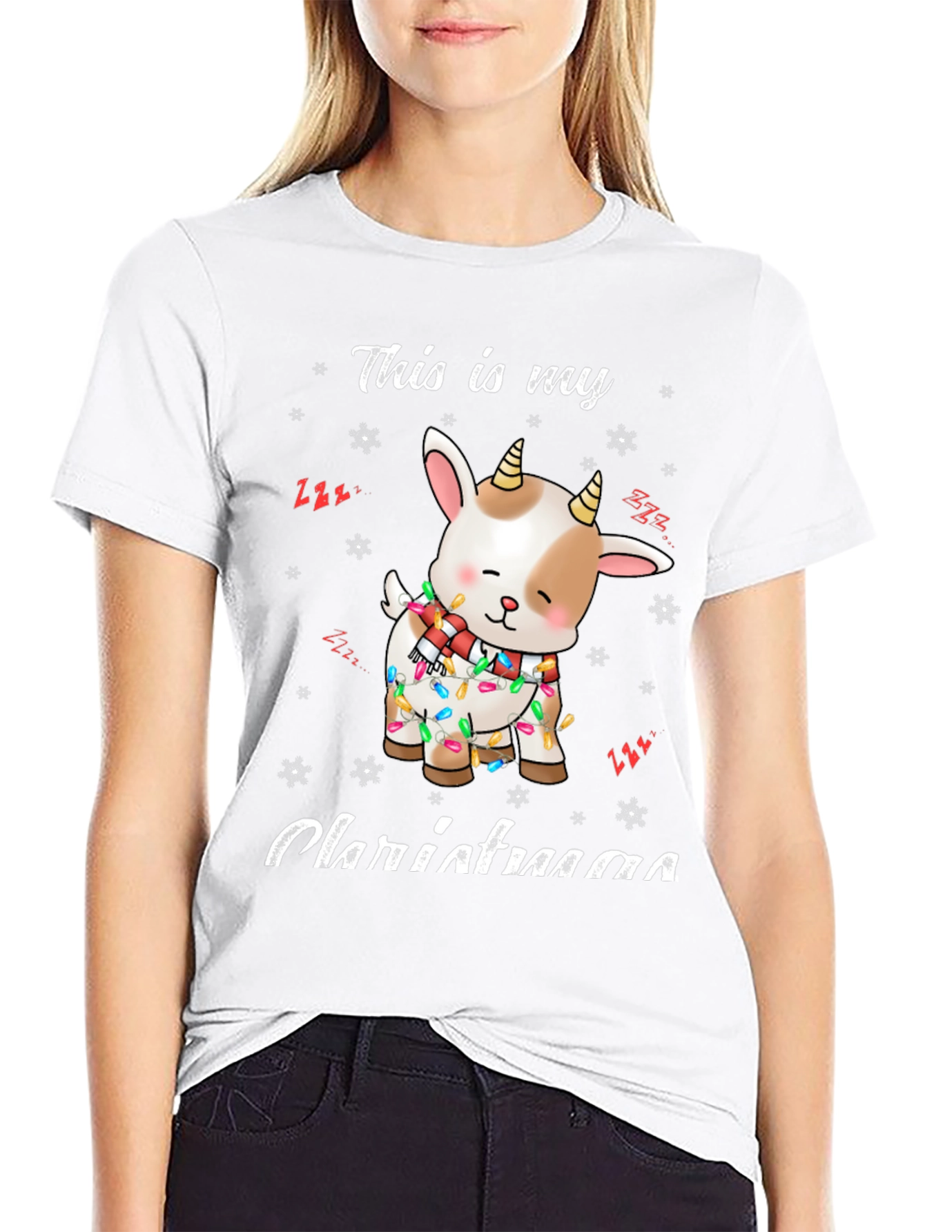 Cute Goat Christmas Lights Graphic T-Shirt