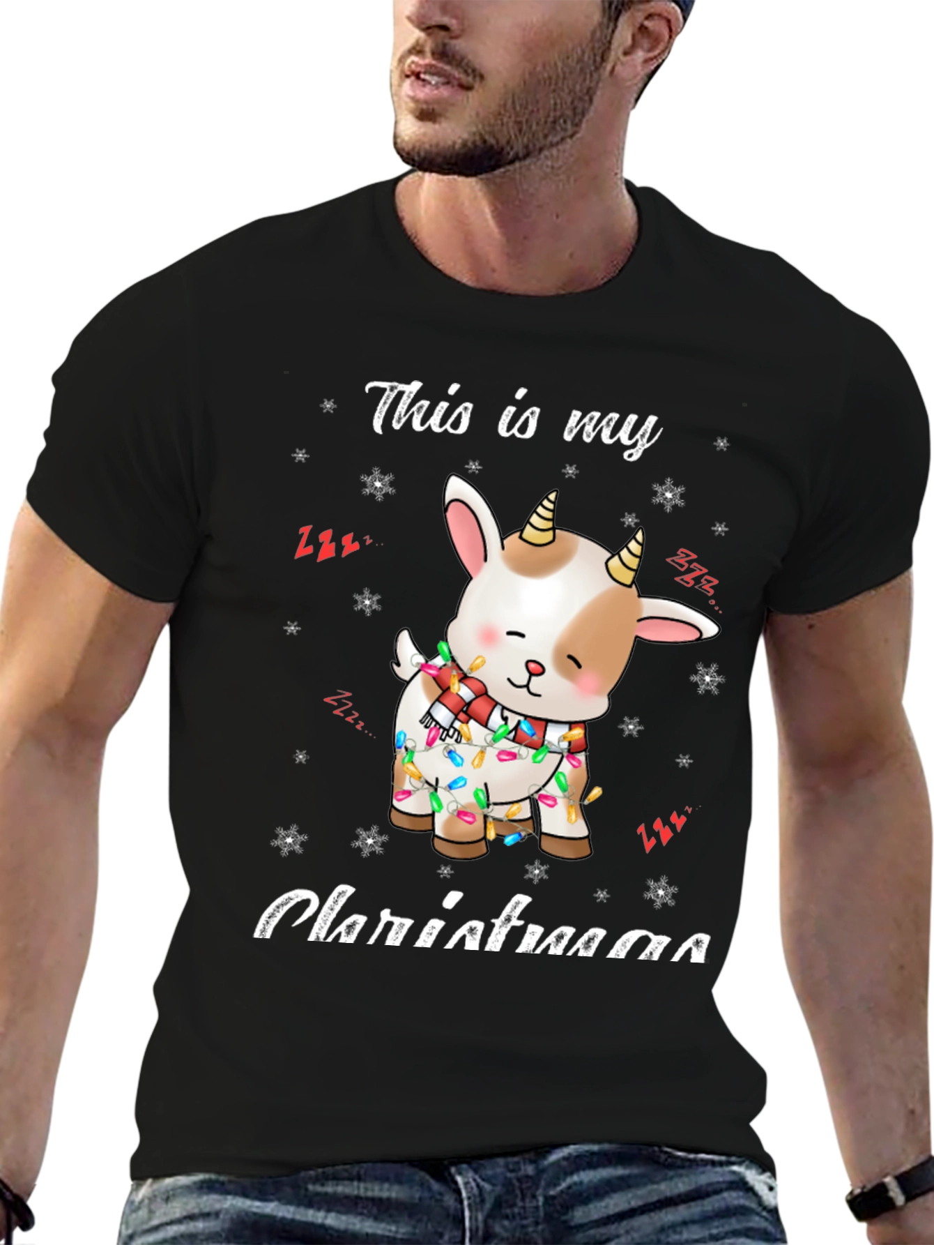 Cute Goat Christmas Lights Graphic T-Shirt