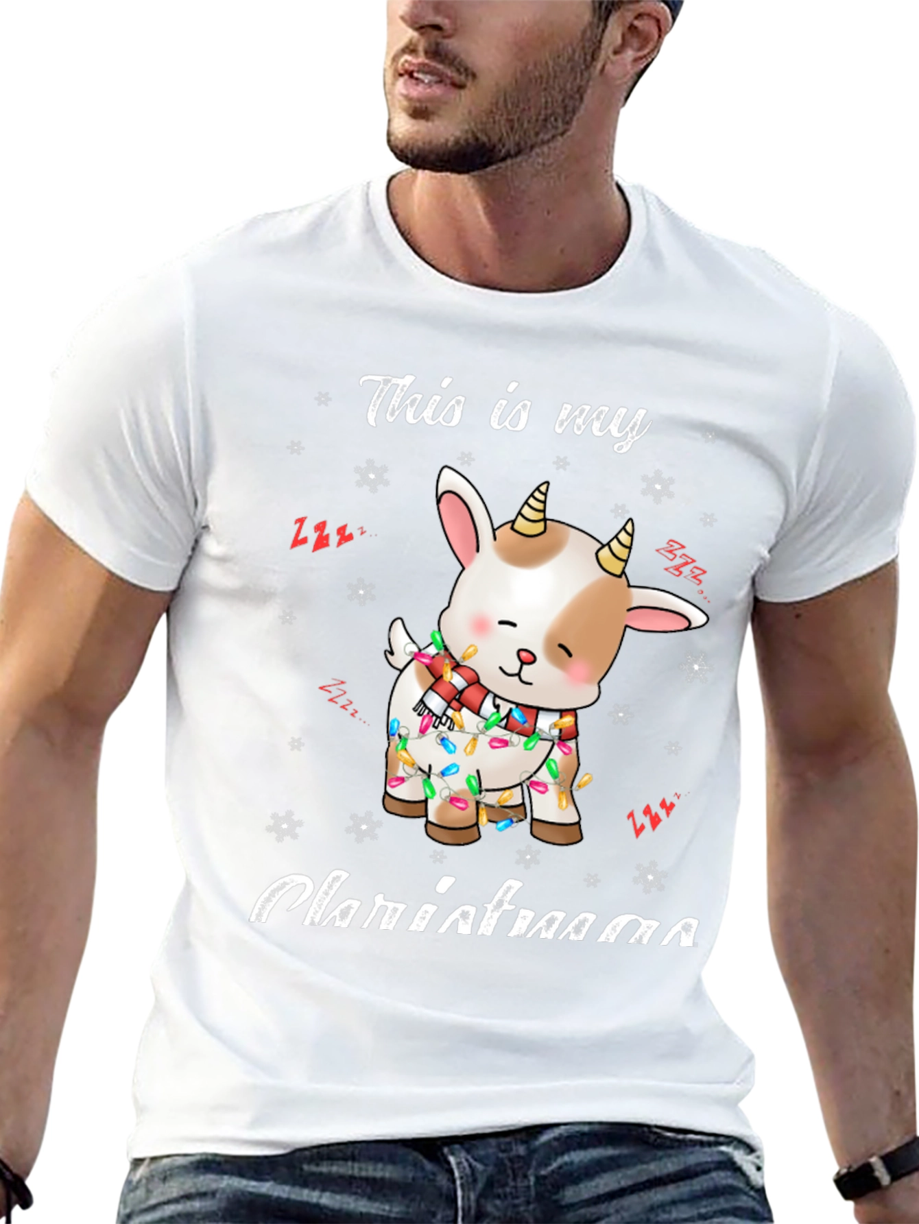 Cute Goat Christmas Lights Graphic T-Shirt