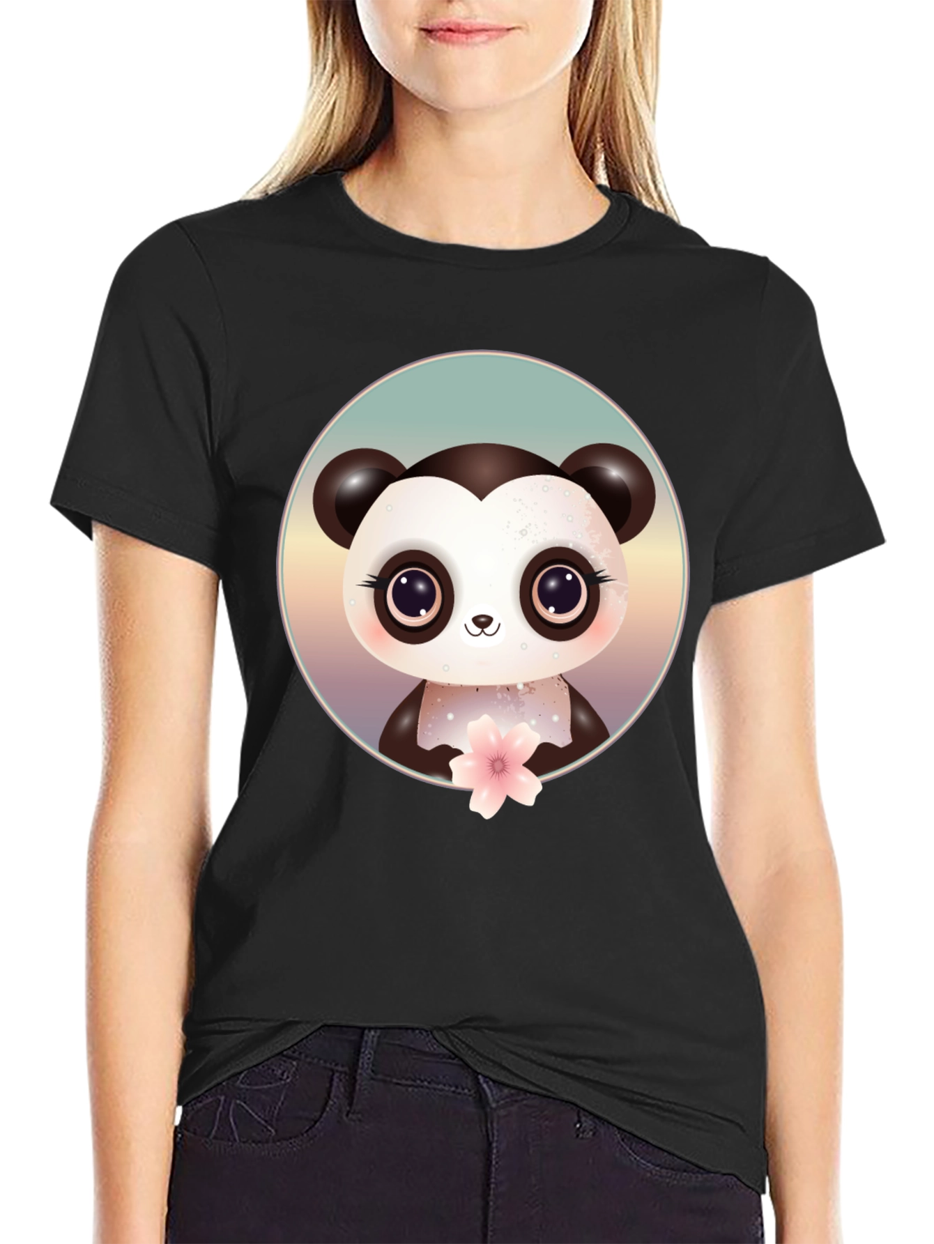 Cute Panda Bear Graphic Black T-Shirt