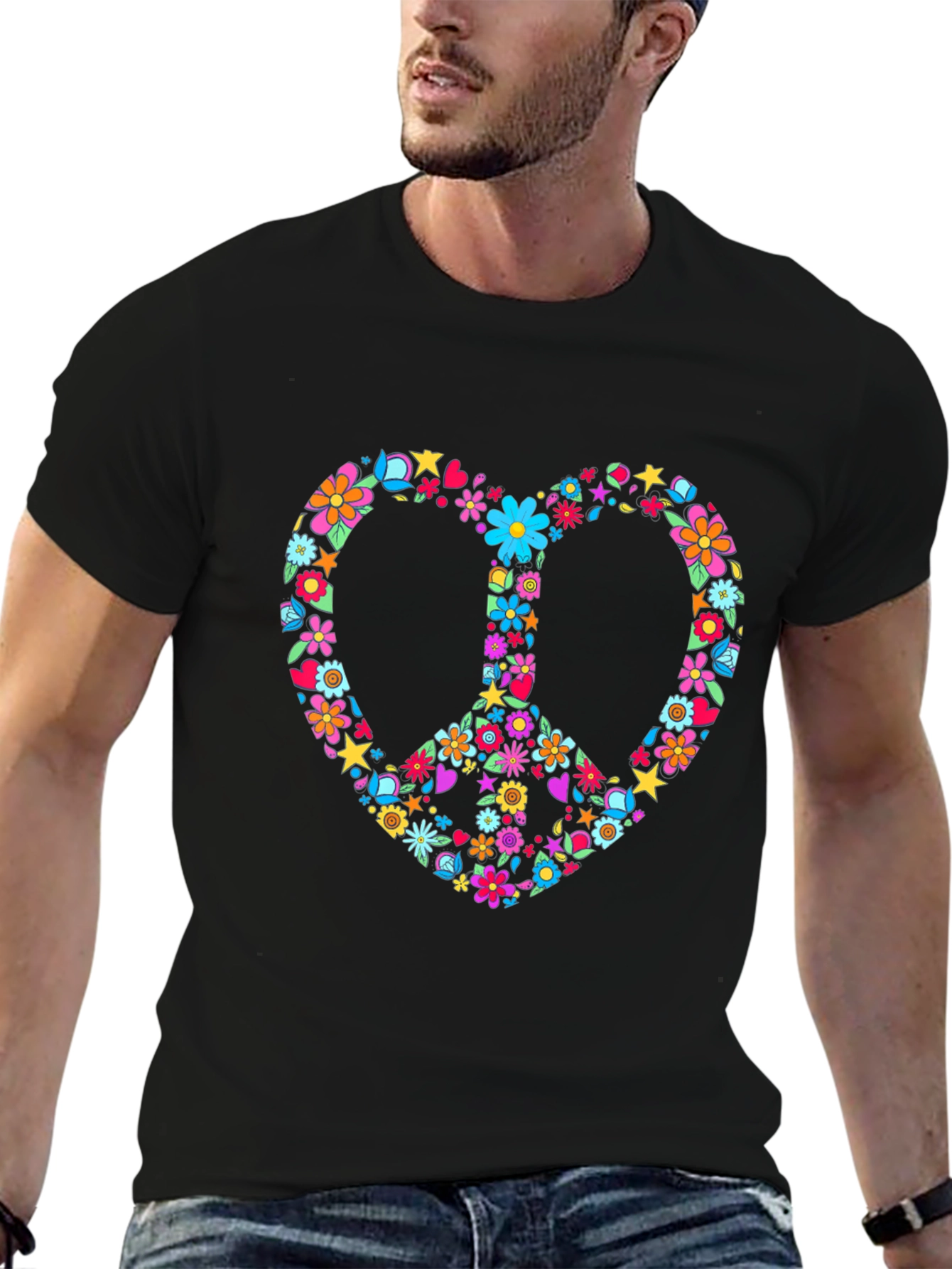 Floral Peace Sign Heart Graphic T-Shirt