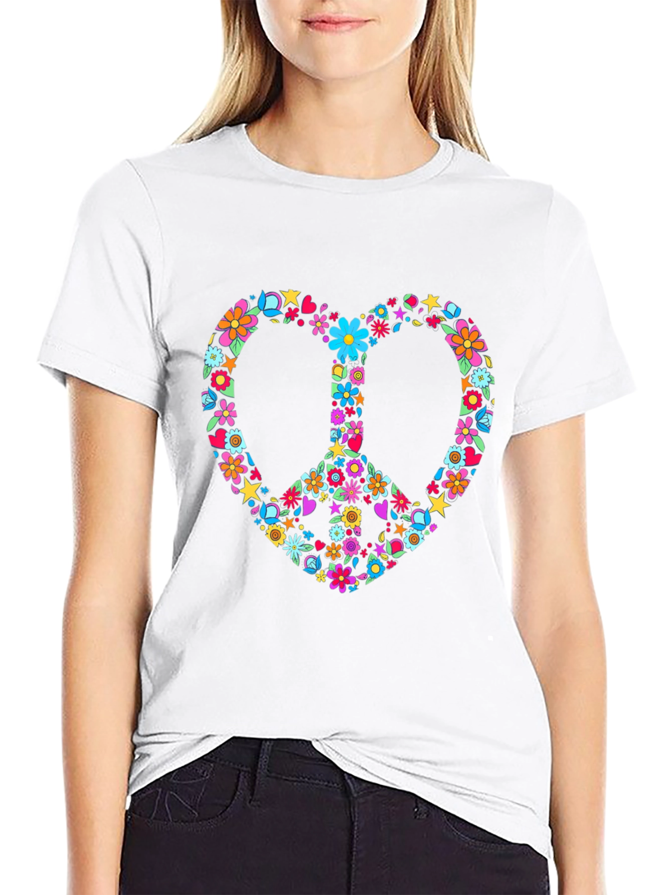 Floral Peace Sign Heart Graphic T-Shirt