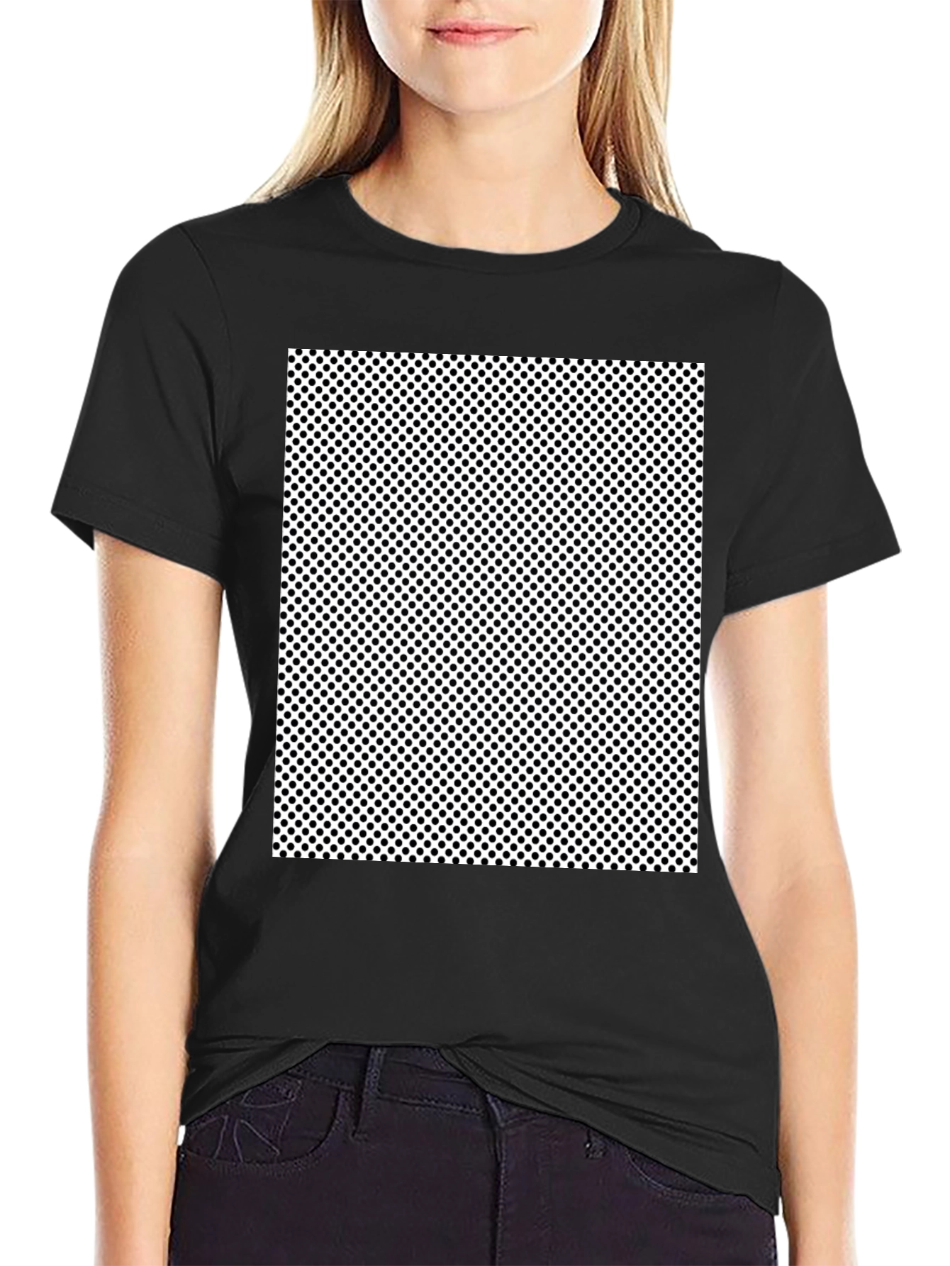 Black T-Shirt with Polka Dot Square Graphic