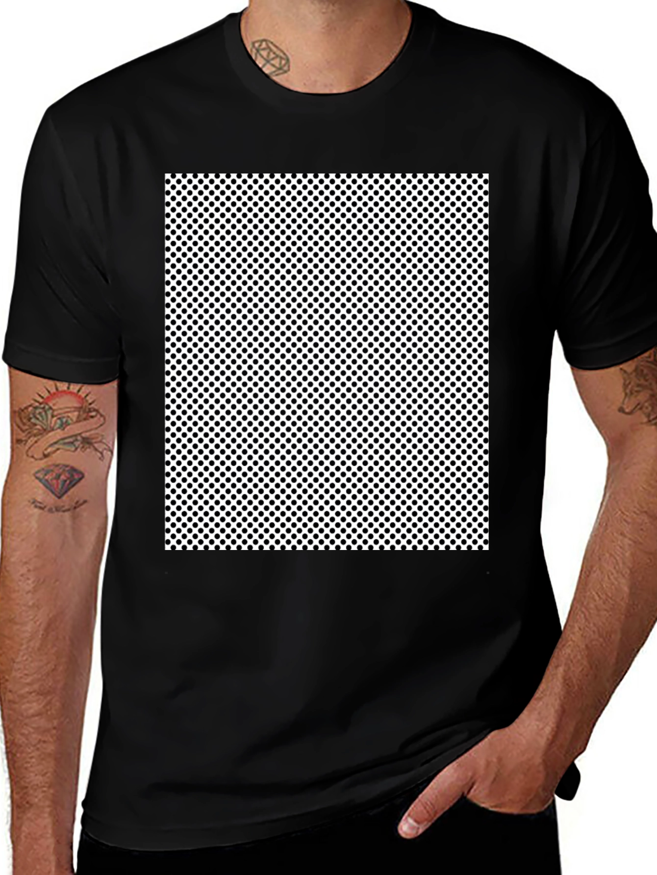 Black T-Shirt with Polka Dot Square Graphic