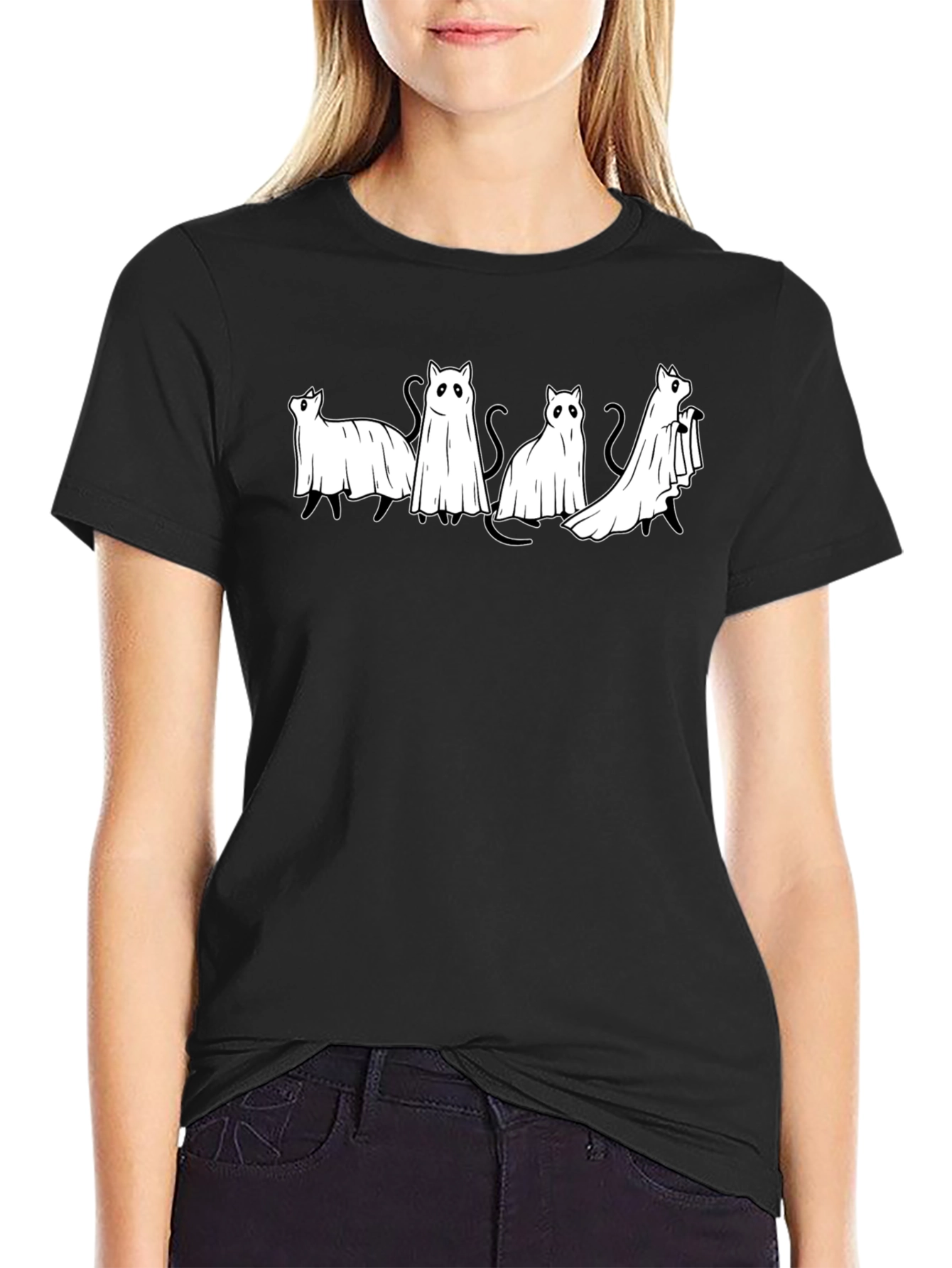 Ghost Cats Black T-Shirt - Spooky & Cute