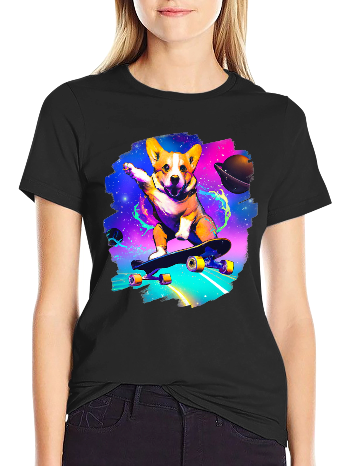 Skateboarding Corgi Galaxy T-Shirt