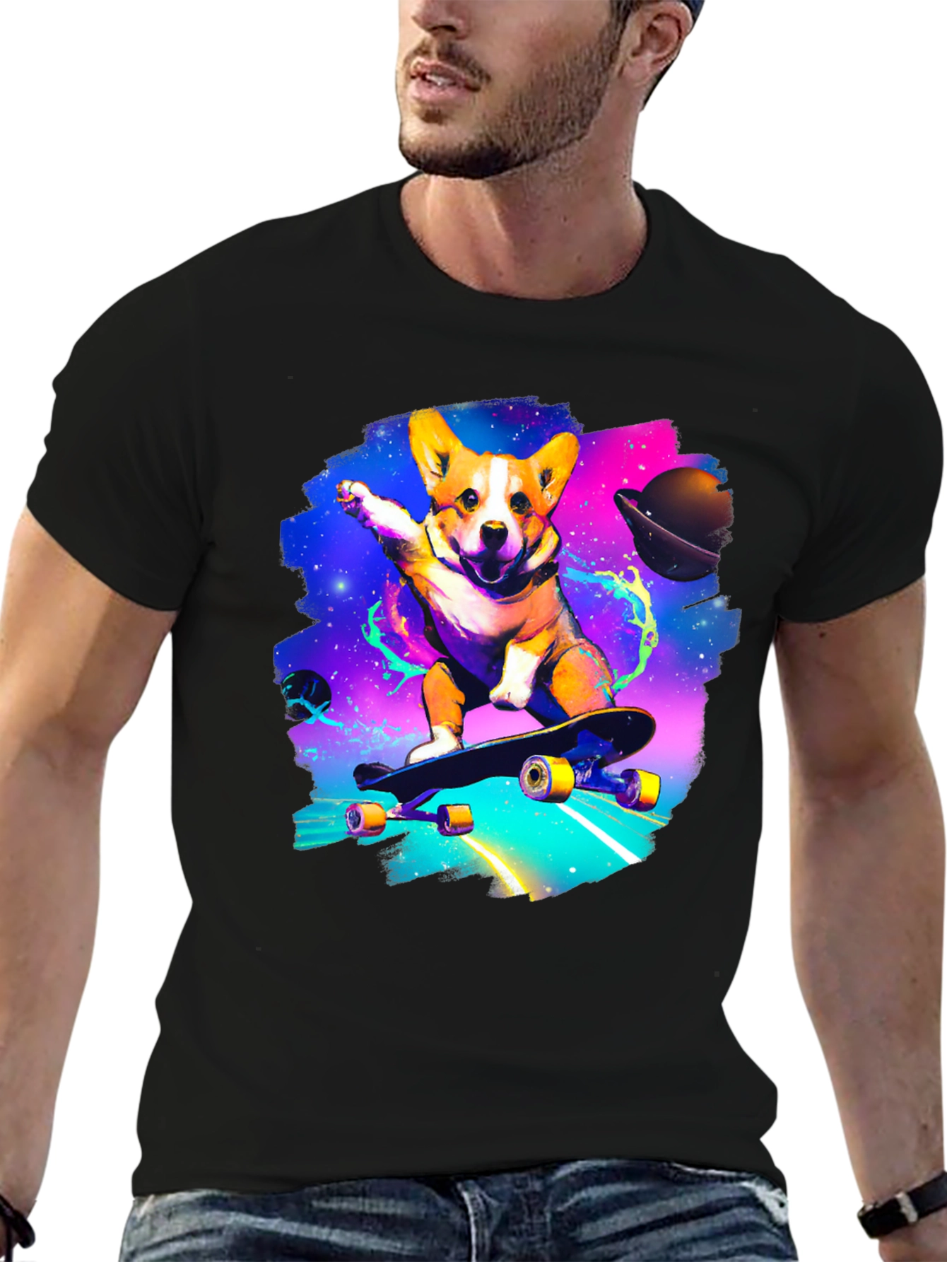 Skateboarding Corgi Galaxy T-Shirt