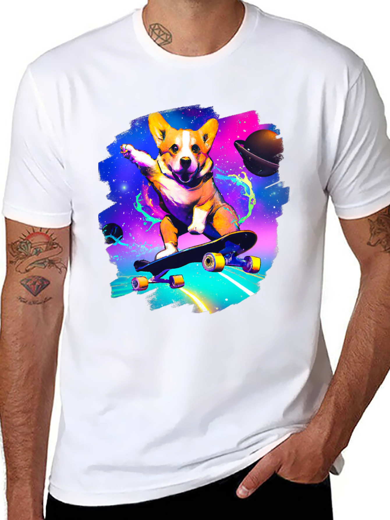 Skateboarding Corgi Galaxy T-Shirt