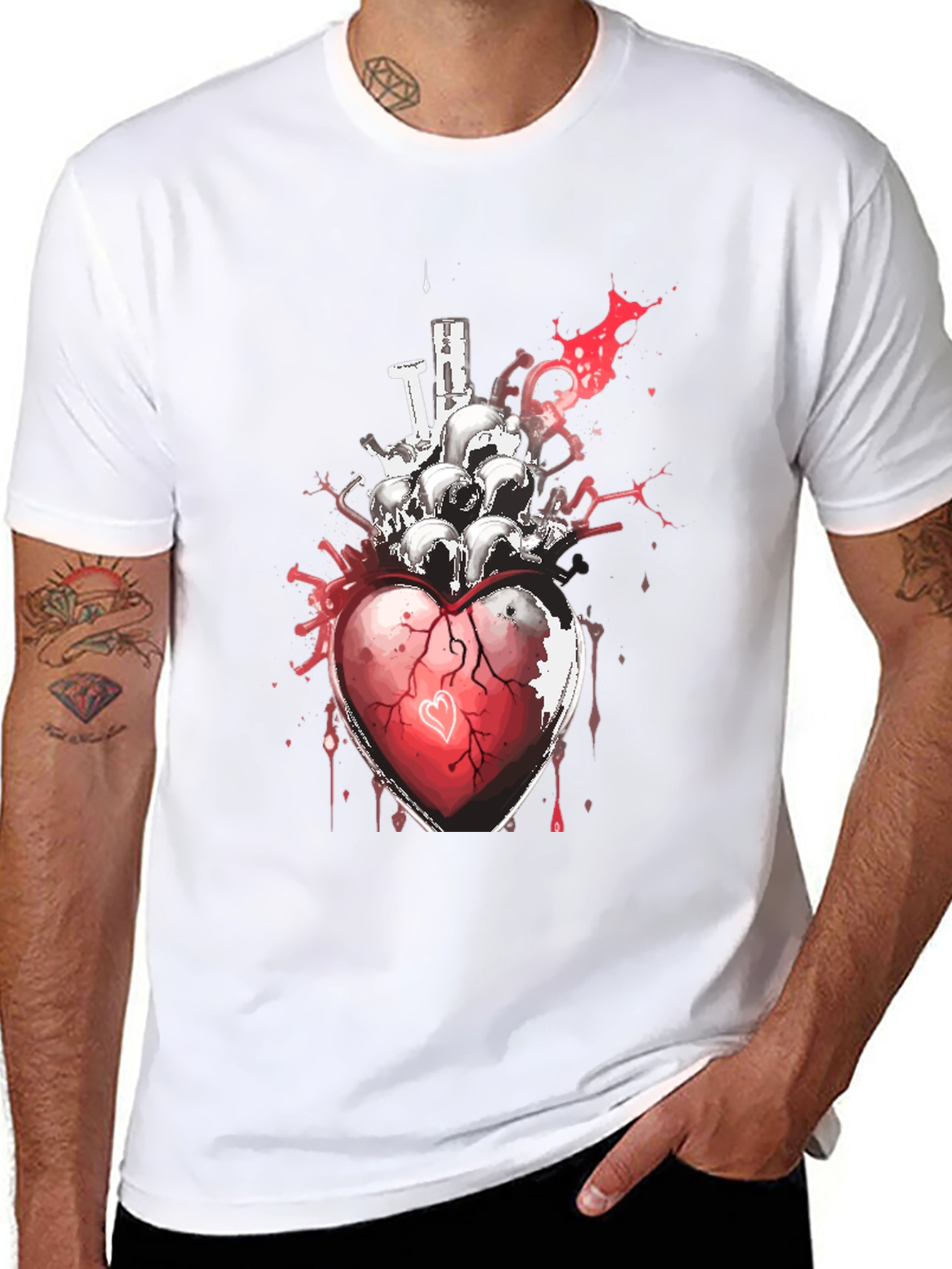 Heart & Skulls Graphic Tee - Edgy Style