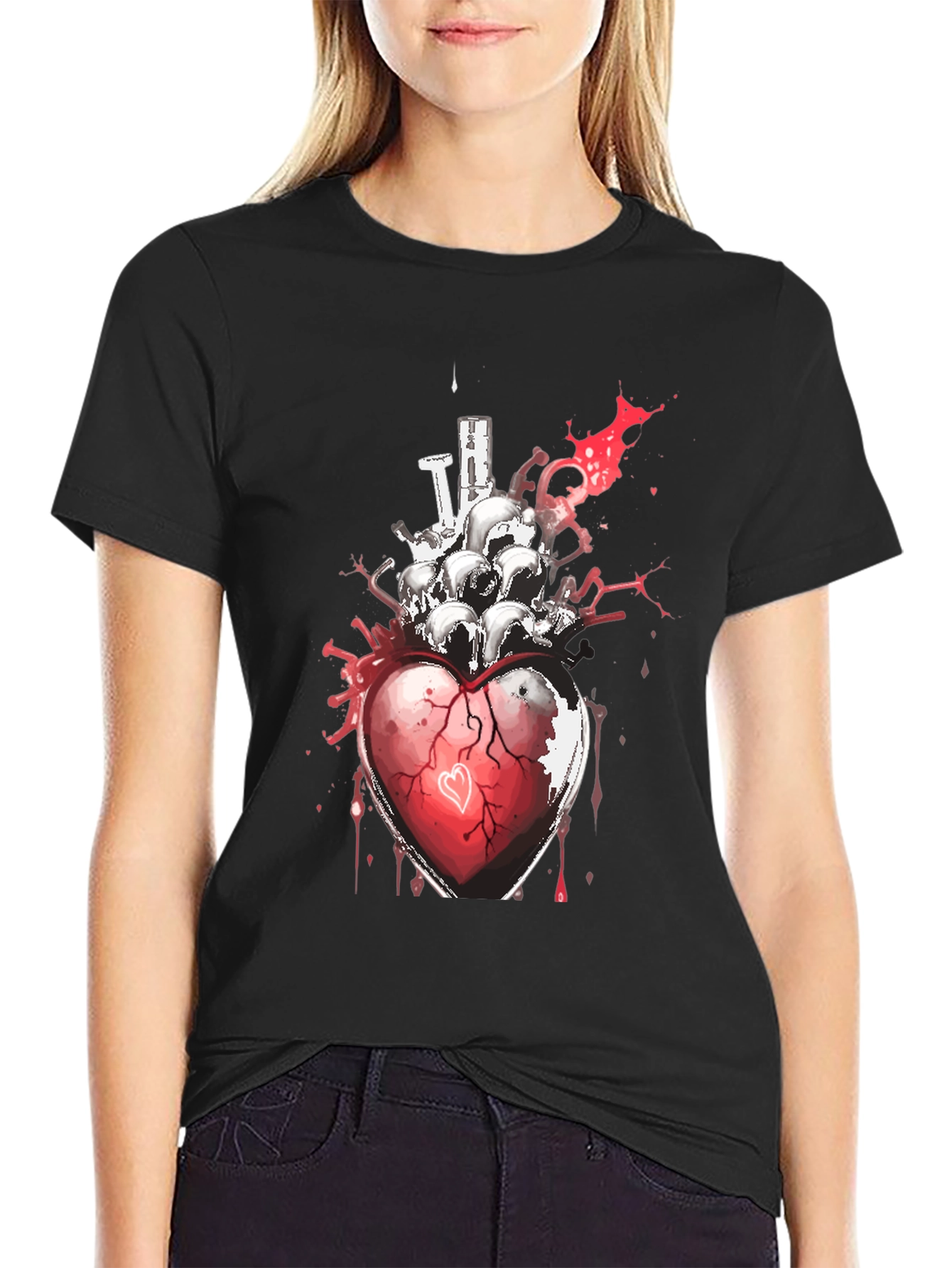 Heart & Skulls Graphic Tee - Edgy Style